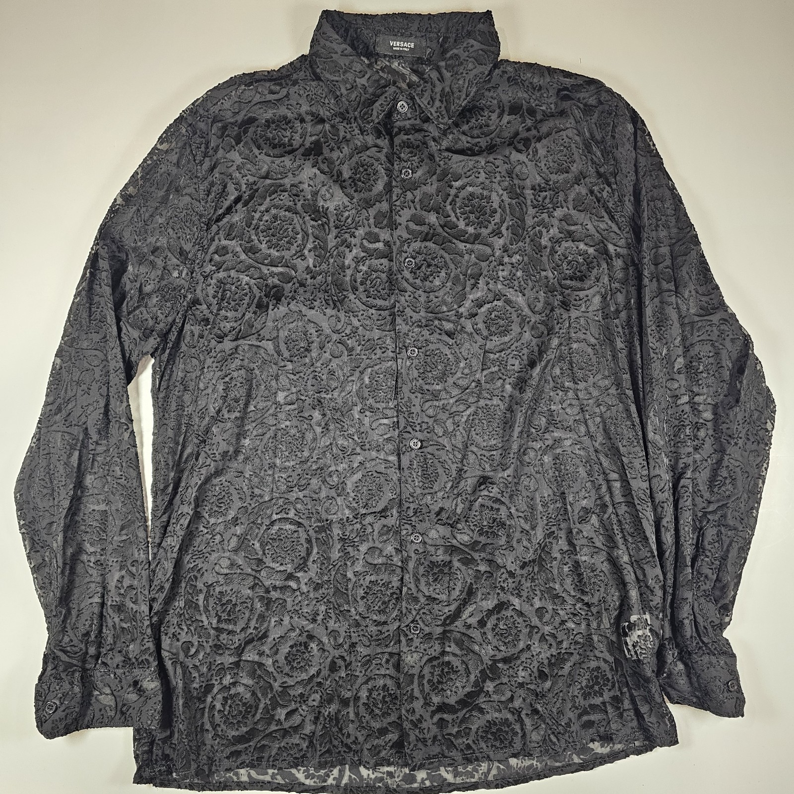 Versace Barocco Devore Silk Blend Sheer Button Up Shirt Men’s Size 52 XL Black