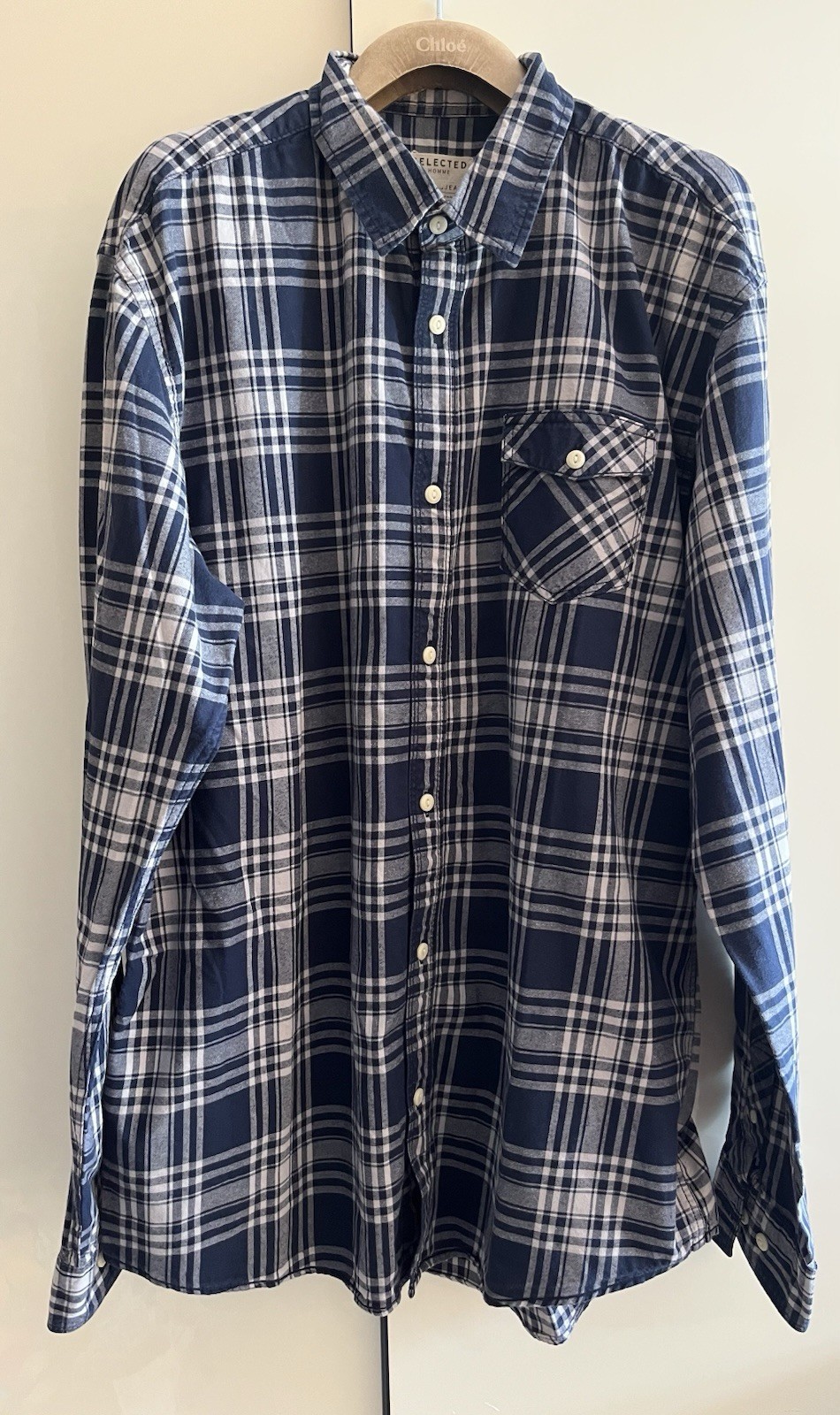 SELECTED HOMME Men’s Size XL Navy White Long Sleeve Checked Shirt Western Cotton