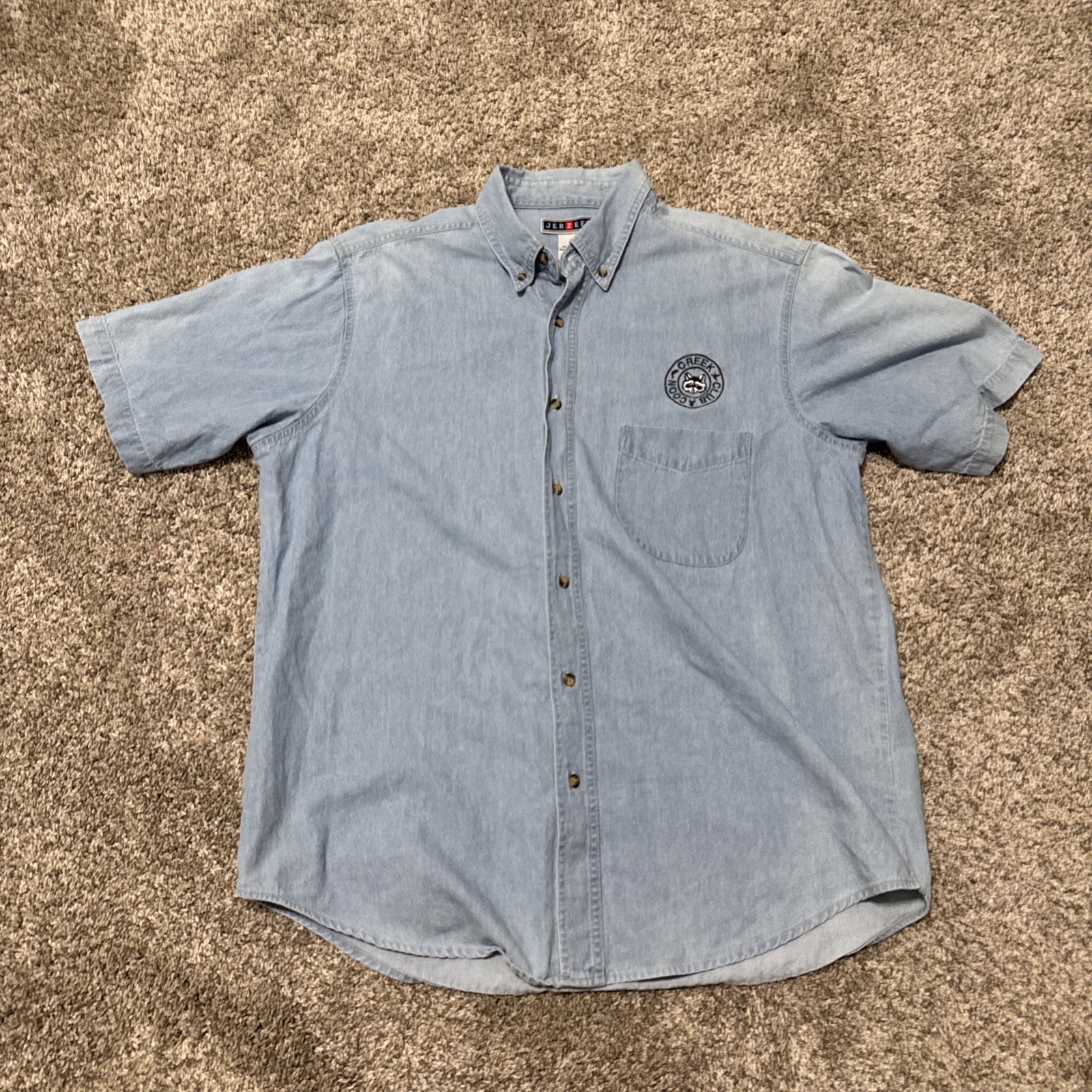 Vtg Jerzees Mens Denim Button Up Shirt Short Sleeve Sz L Light Wash Coon Creek