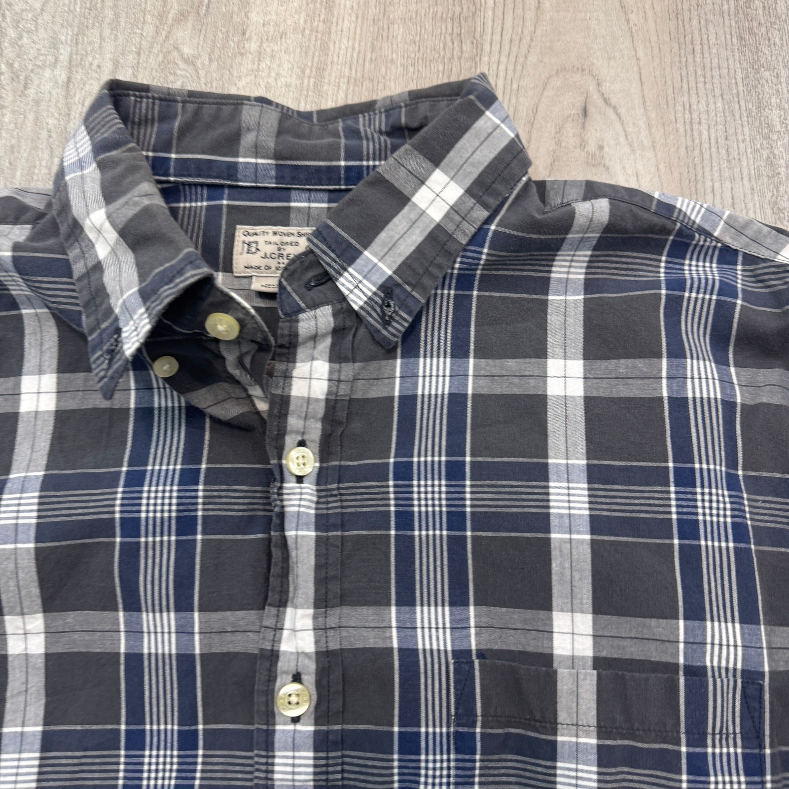 J Crew Shirt Men Medium Blue Gray Plaid Check Quality Woven Shirt Tartan Button