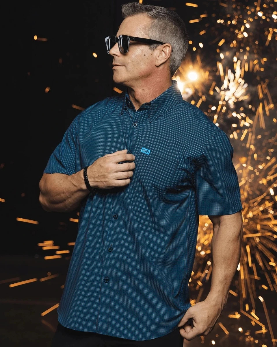 Dixxon SIMPLE MIND Black and Cyan Blue Short Sleeve Party Shirt – Men’s-.SMALL