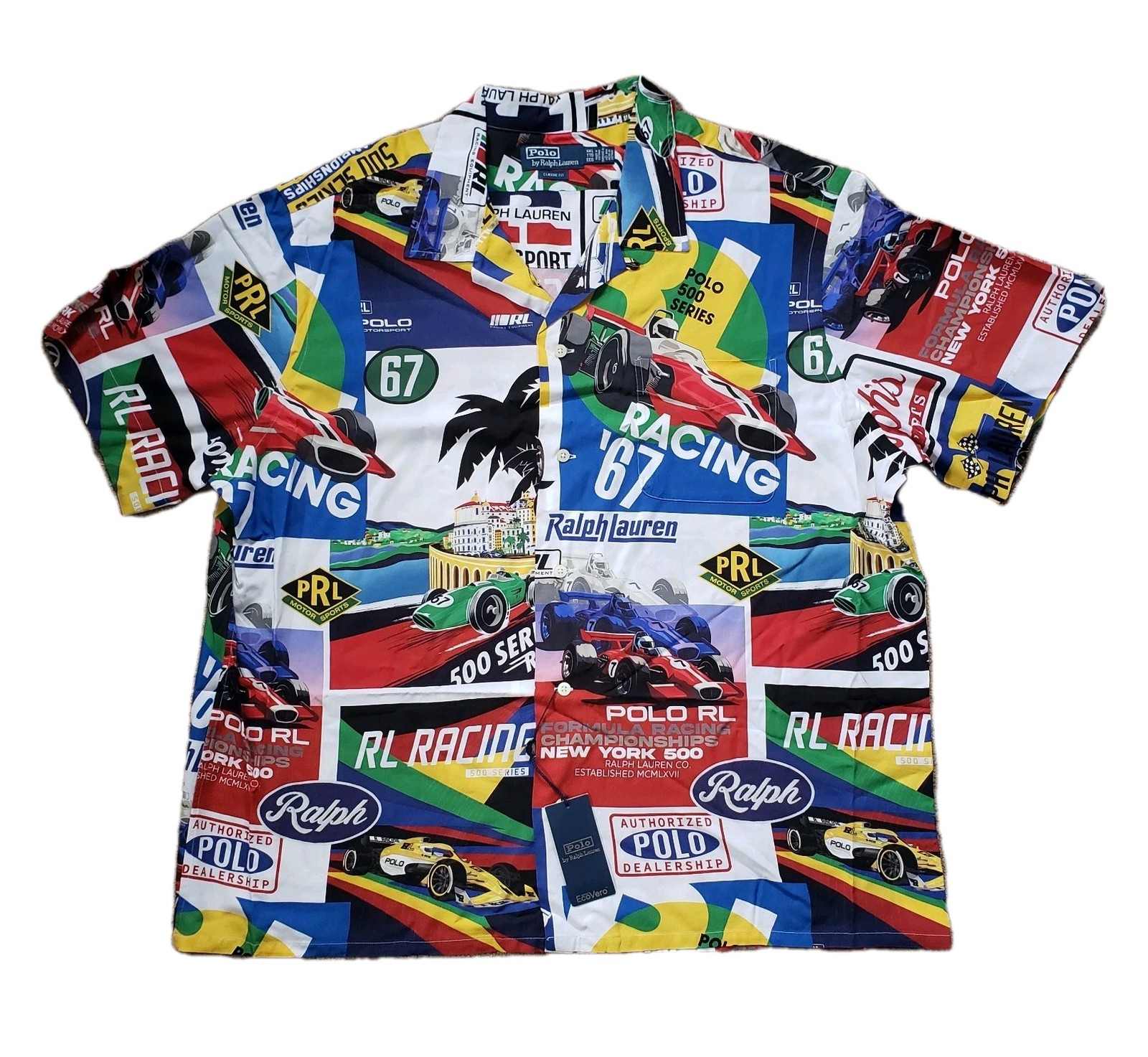 Polo Ralph Lauren Formula Racing Sz 2XL Classic Fit Prix Poster Woven Camp Shirt