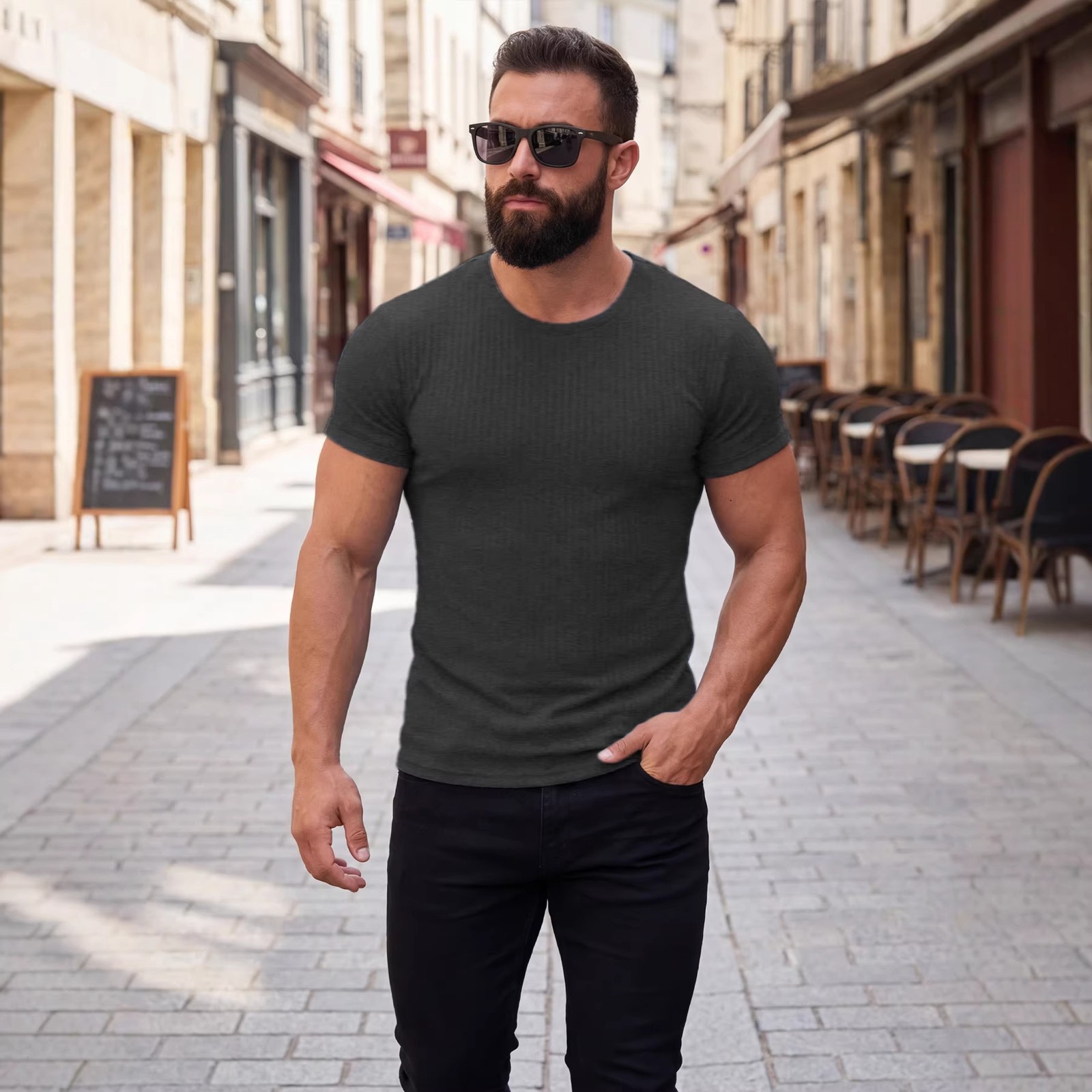 Summer Vertical Stripe Stretch Crew Neck Athletic Tee