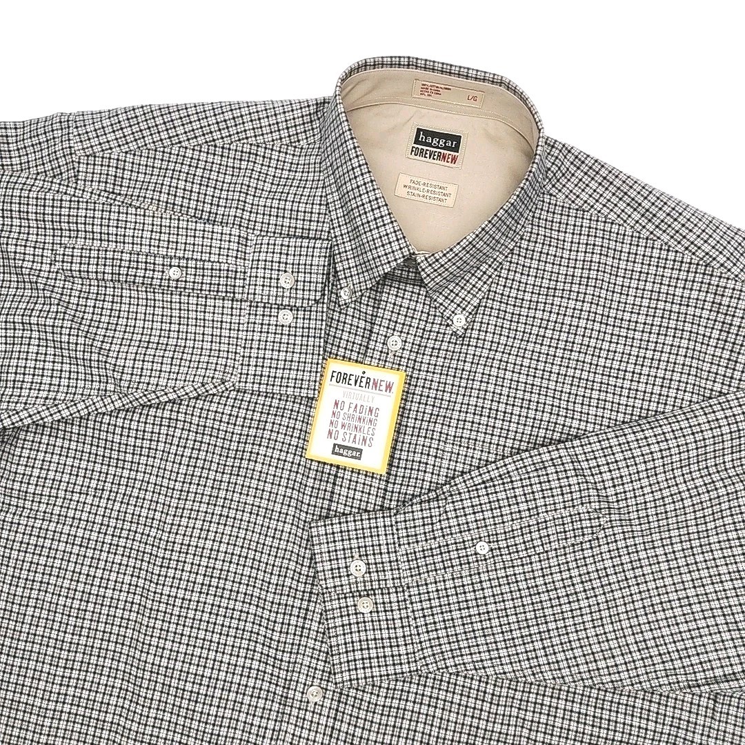 Haggar Shirt Forever New Men Sz Large Blue Tan Plaid Shirt Button Long Sleeve