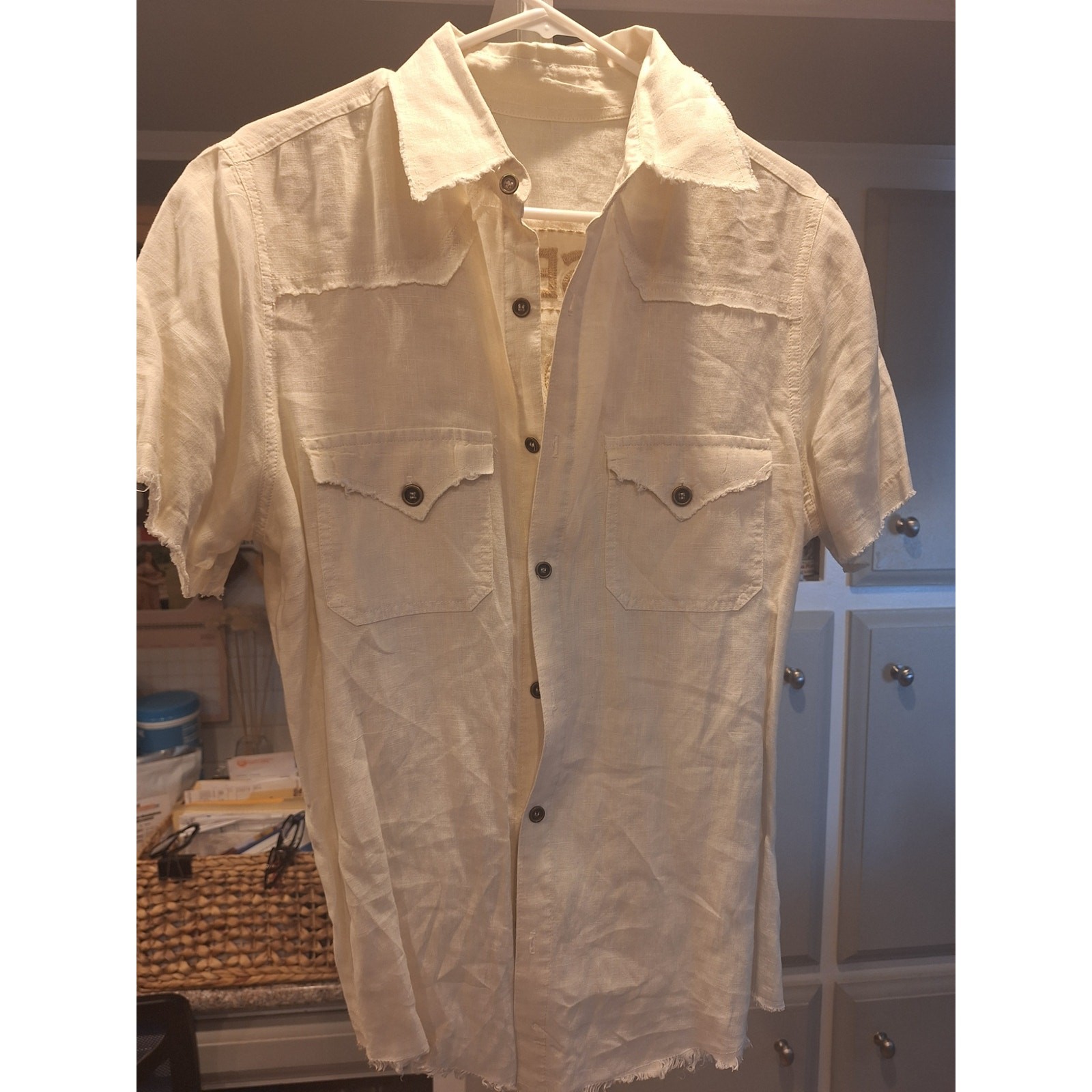 Vintage Persevere 1998 Graphic Linen Button Up Shirt Mens M Retro Style