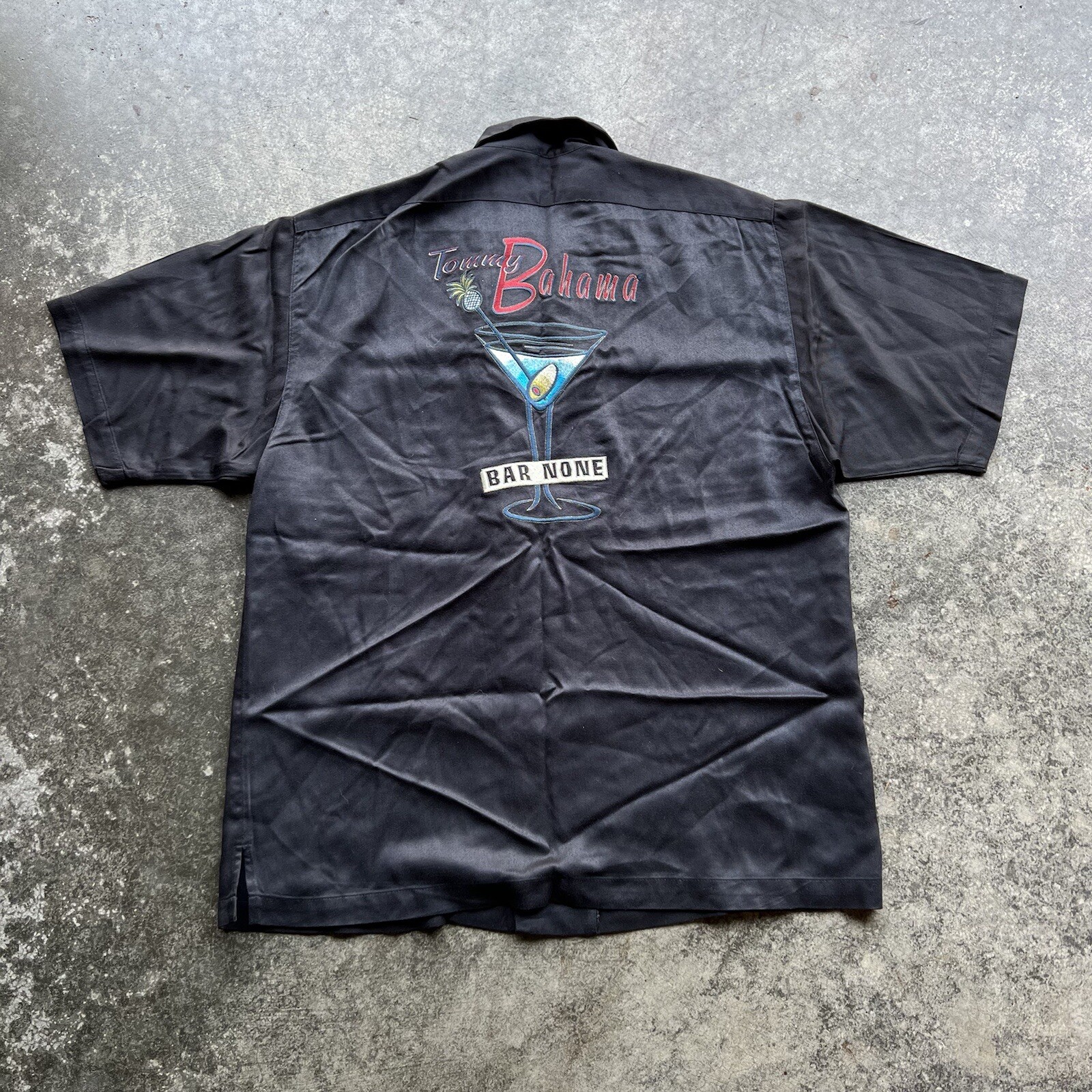 Tommy Bahama BAR NONE Embroidered Martini Glass Rayon Camp Shirt Black Mens Med