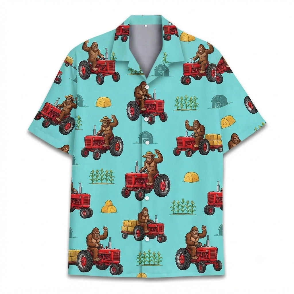 Bigfoot Driving Red Tractor, Hay Bales, Barn Hawaiian Shirt, Friends Gift