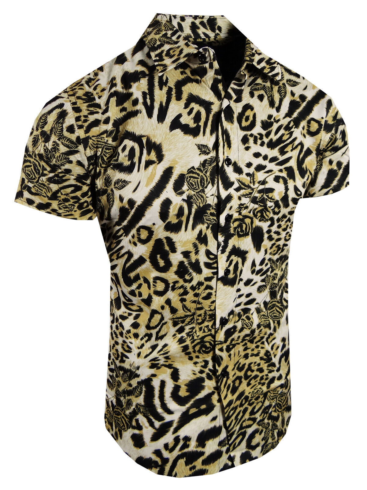 Mens Short Sleeve Shirt Designer Animal Floral Prints Stretch Slim Fit Button Up