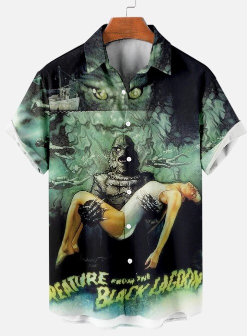 Retro Horror Movie Creature The Black Lagoon Hawaiian Button Up Lapel Shirt Tops