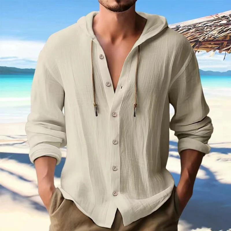 Men’s Solid Linen Long Sleeve Hooded Shirt Casual Streetwear Clothing Men Gift