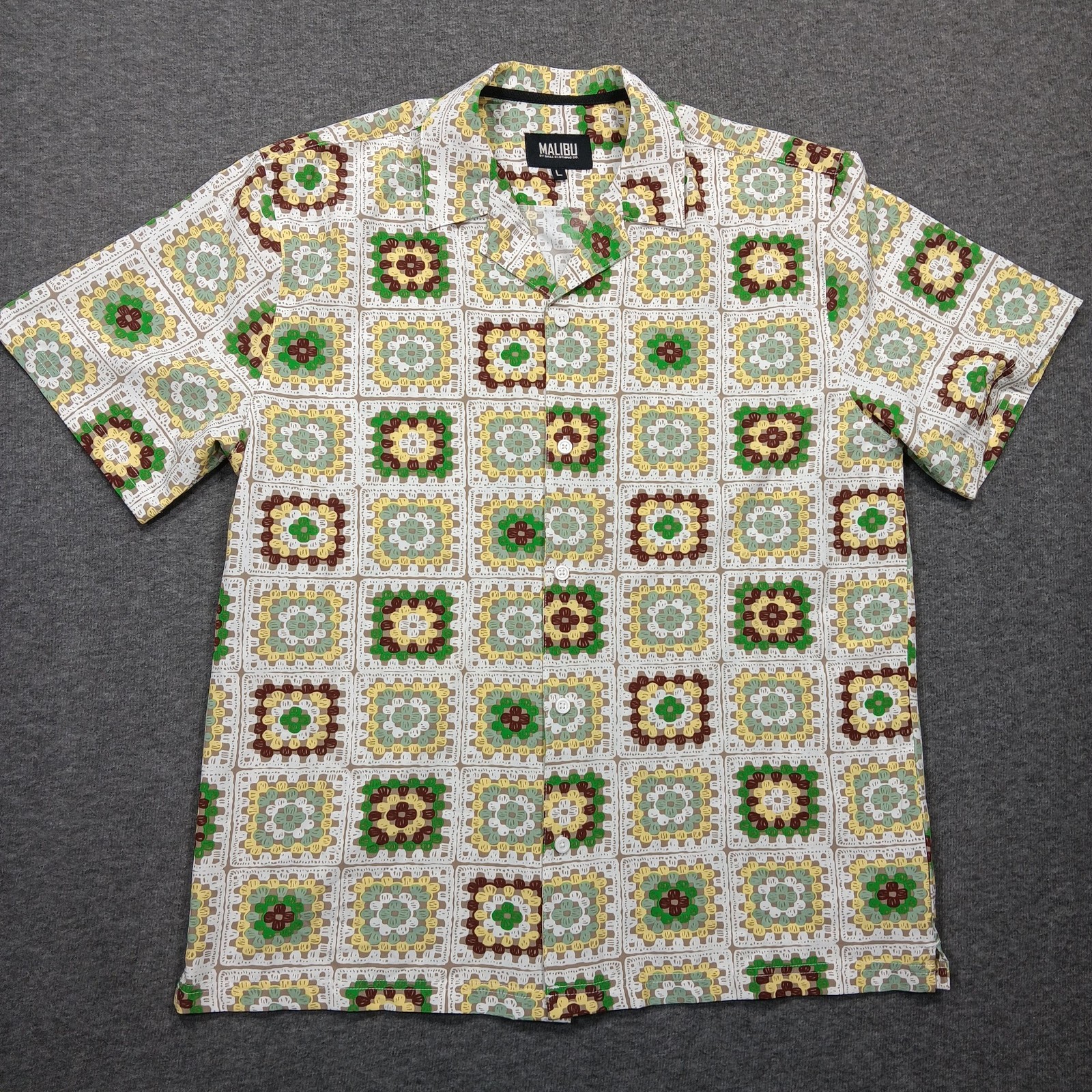 Malibu Shirt Mens Large White Green Retro Crochet Print Camp Short Sleeve Button
