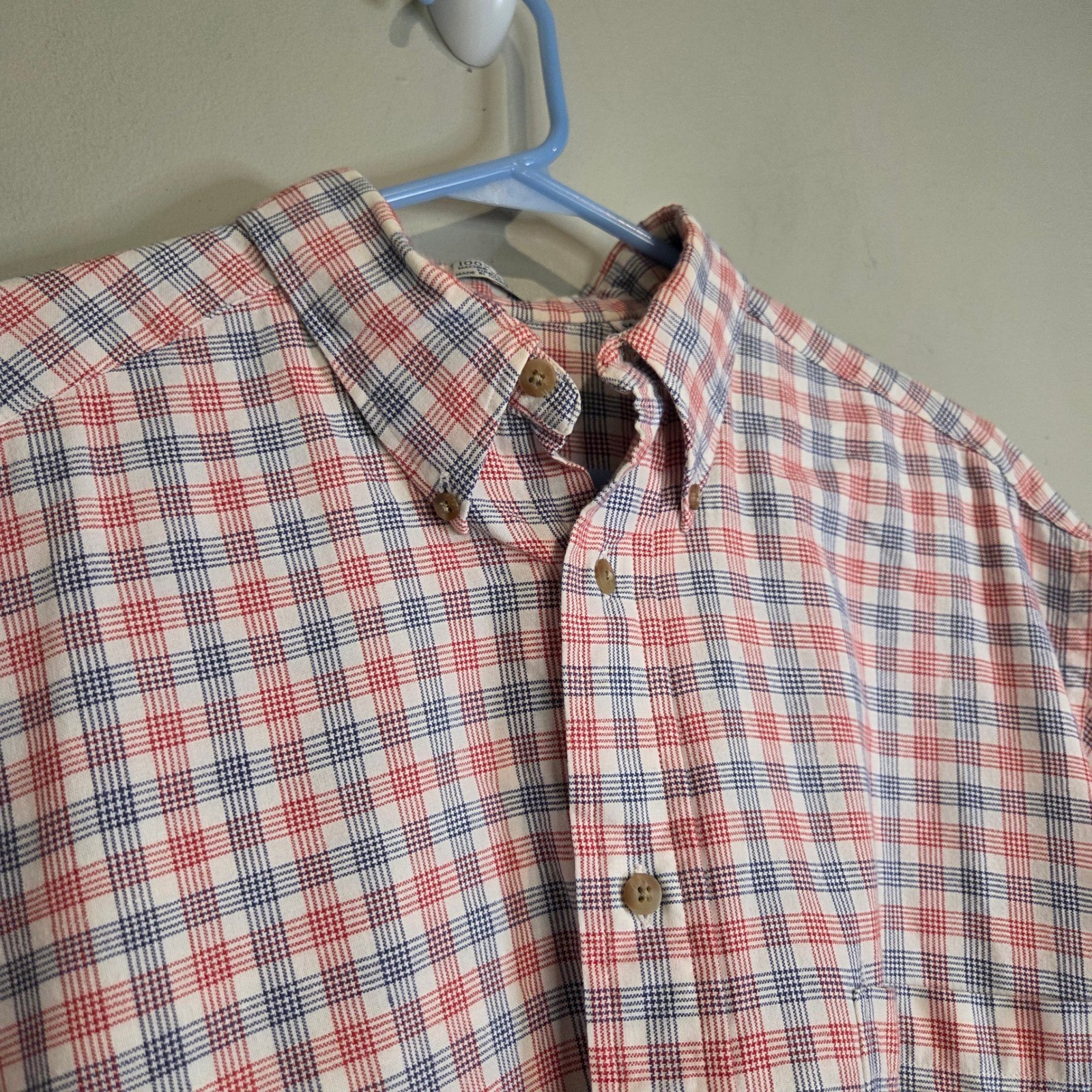 Plaid Button Down Shirt Mens Large Short Sleeve Red Blue White Cotton Casual