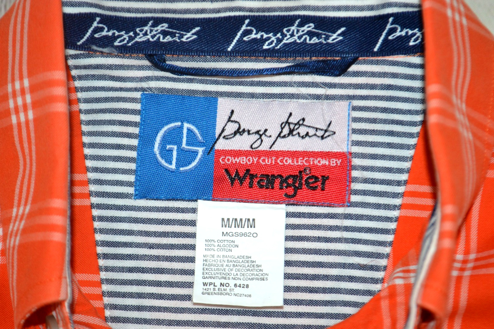WRANGLER George Straight Collection Button Front Shirt SIZE MEDIUM Orange Plaid