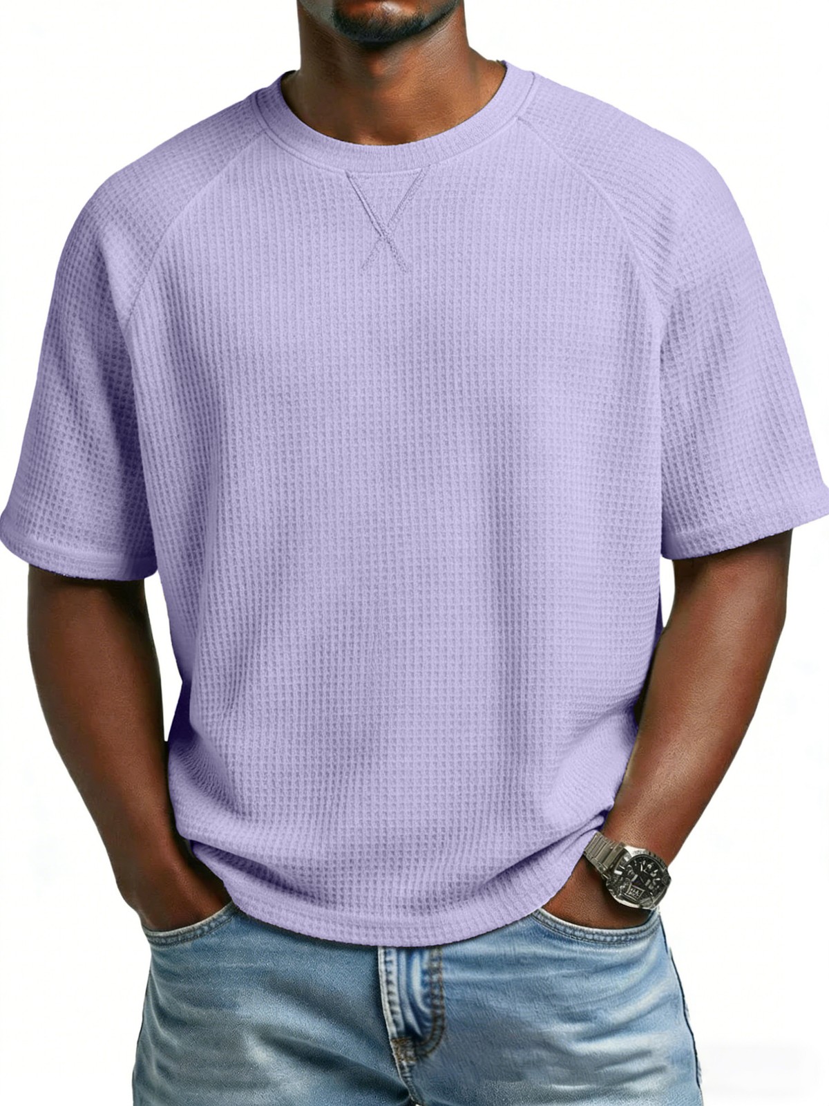 Men’s solid color embroidered raglan crew neck casual sports short sleeve