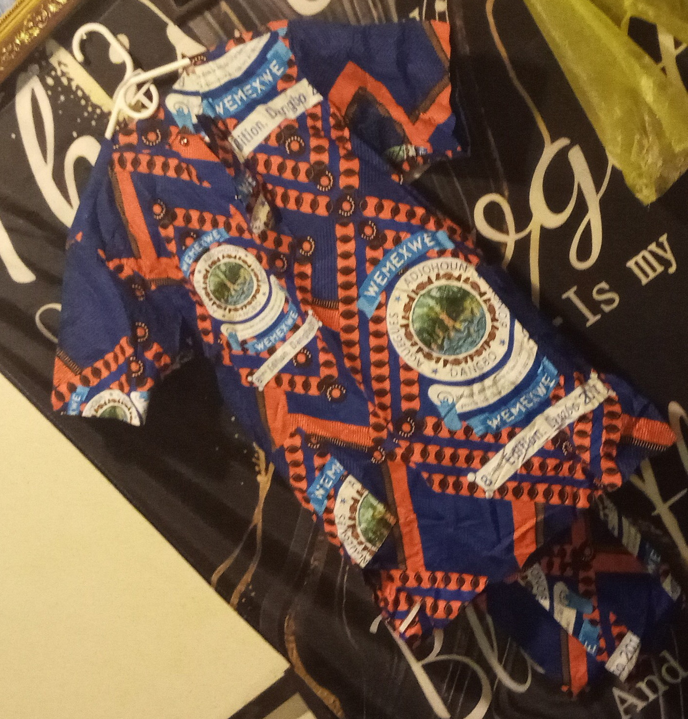 African Blue Orange White Graphic Print Matching Set M