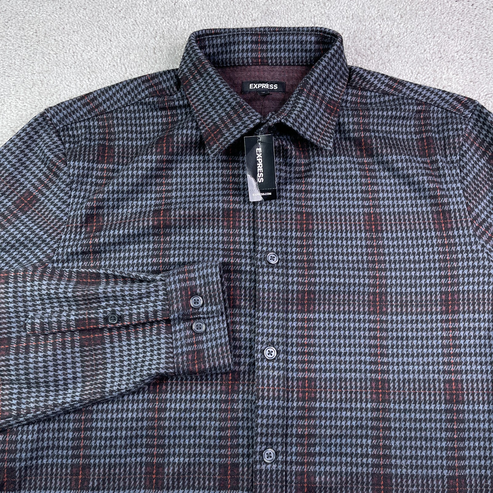 NEW Express Shirt Mens Medium Grey Houndstooth Performance Flannel Button Up NWT