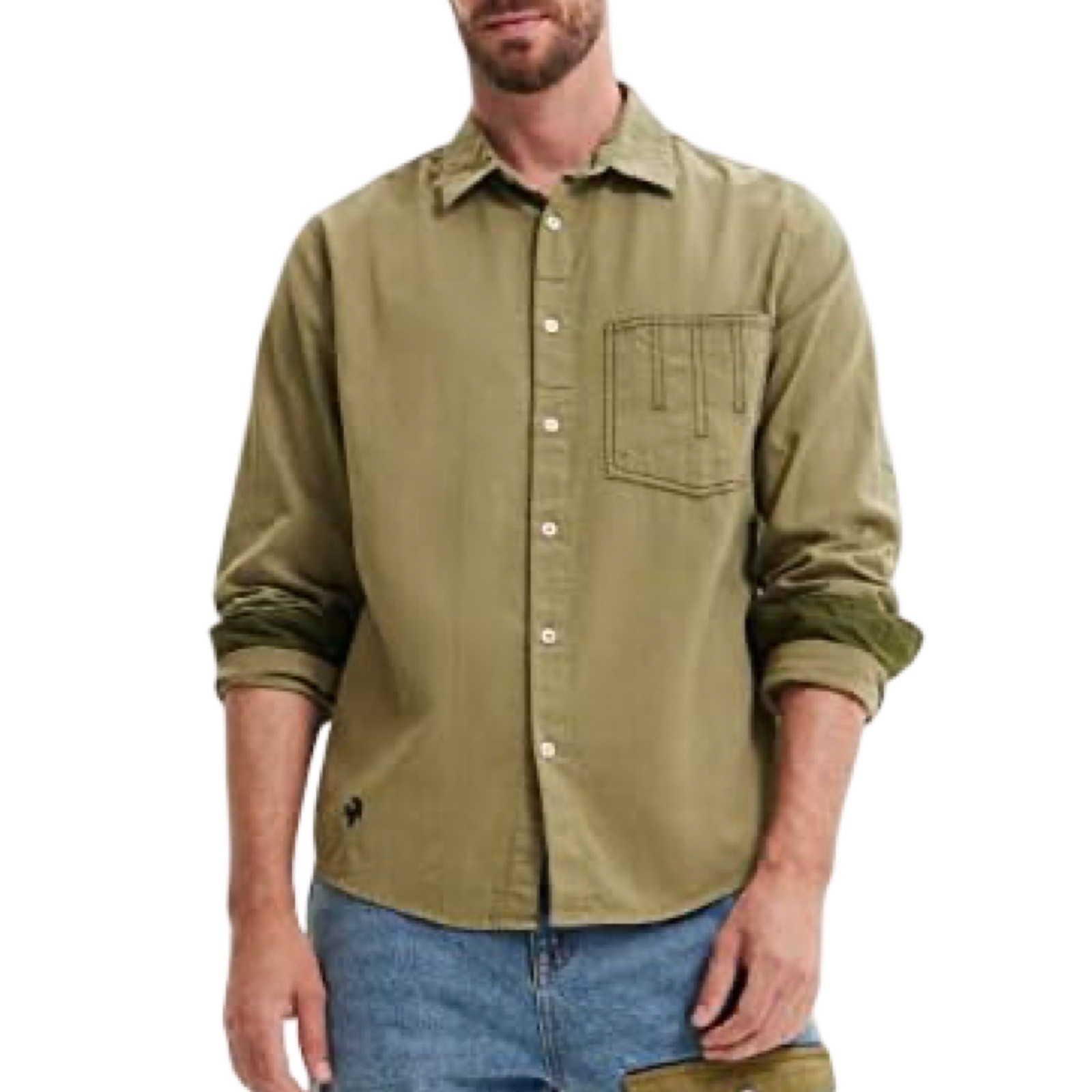 Desigual Mens Olive Green Embroidered Palm Cotton Linen Button Down Shirt Large