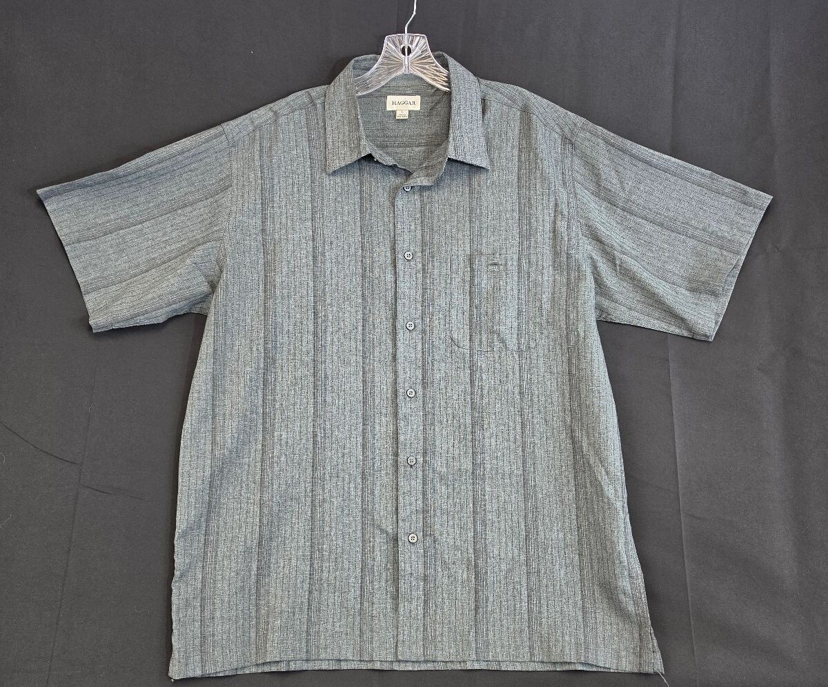 Haggar Men’s Large Short Sleeve Button-Up Shirt Gray Striped 100% Polyester