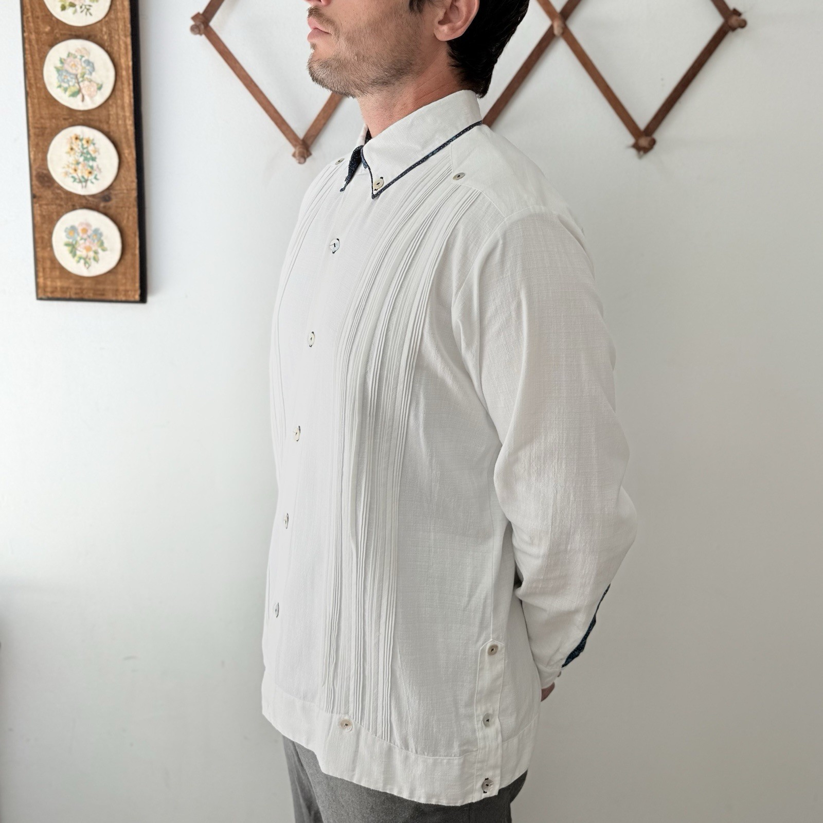 White Linen Casual Tuxedo Style Button Up Shirt Beach Wedding Mens 40 Medium