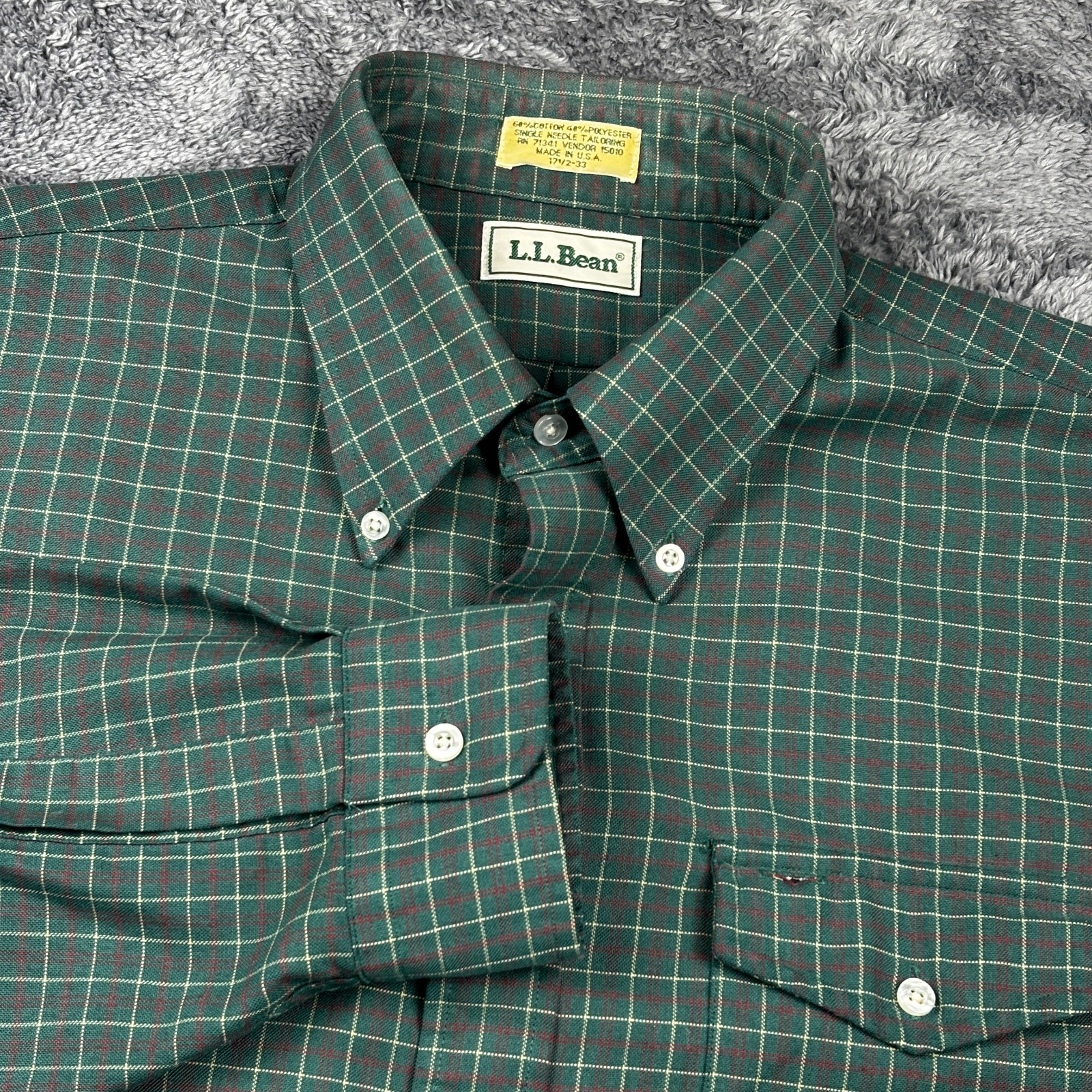Vintage LL Bean Shirt Mens 17.5-33 Green Red Check Button Down Made In USA 90s