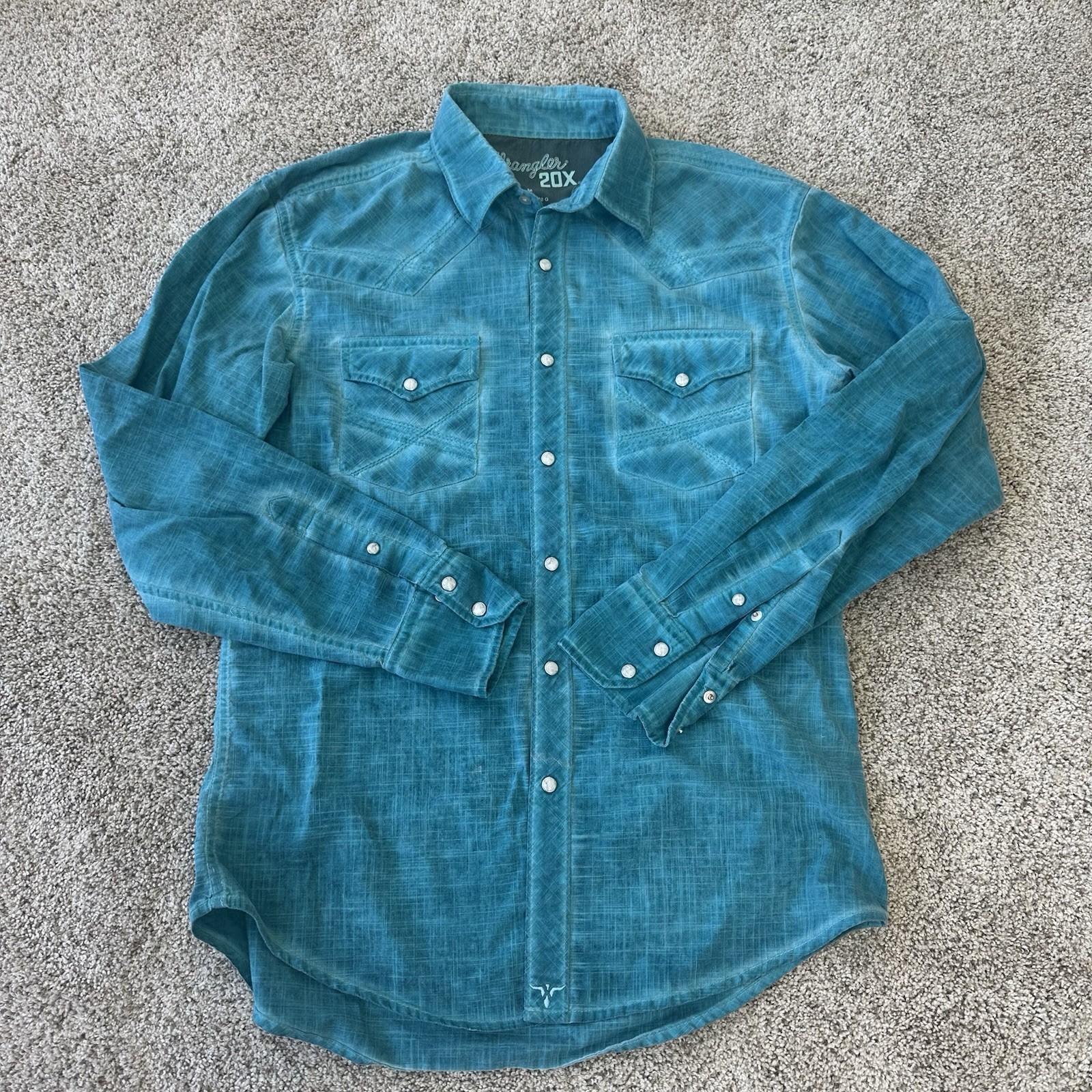 Wrangler 20X Y2K Sz Medium Western Snap Button Pearl Embroidery Turquoise Green