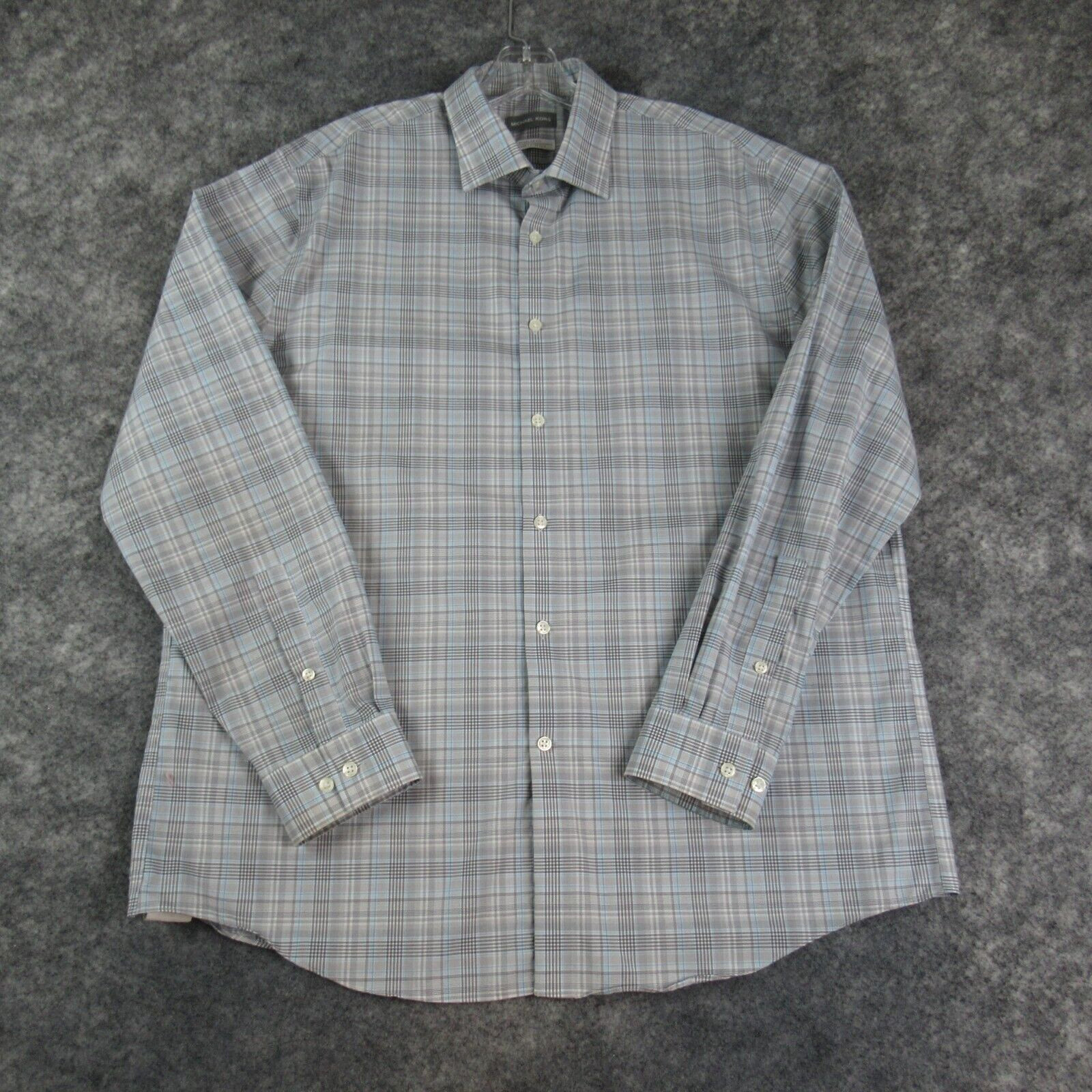 Michael Kors Shirt Mens Extra Large Gray Plaid Airsoft Stretch No Iron Button Up