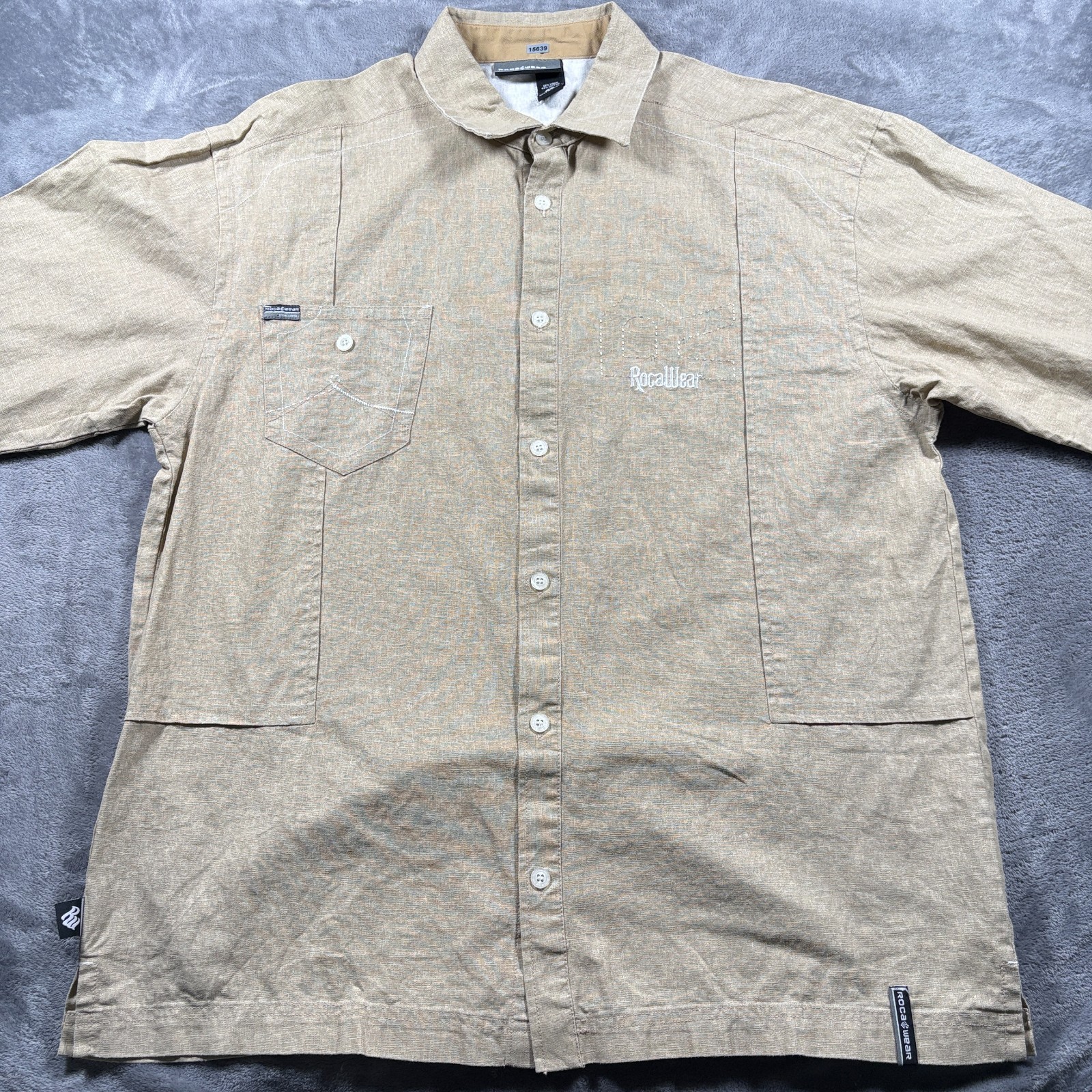 Rocawear Shirt Mens XL Beige Linen Embroidered Logo Side Slit Casual Button Up
