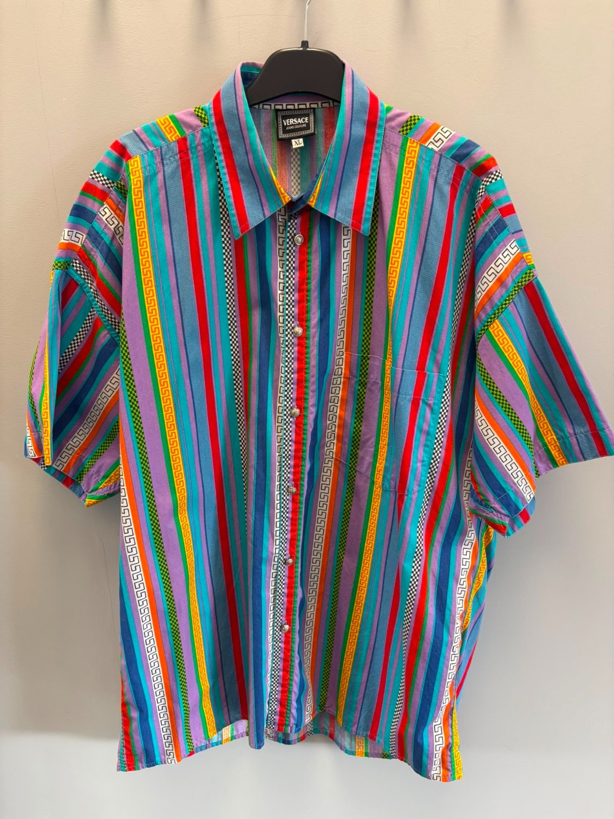 Vintage VERSACE JEANS COUTURE Short Sleeve Shirt XL Multi Stripe Medusa Buttons