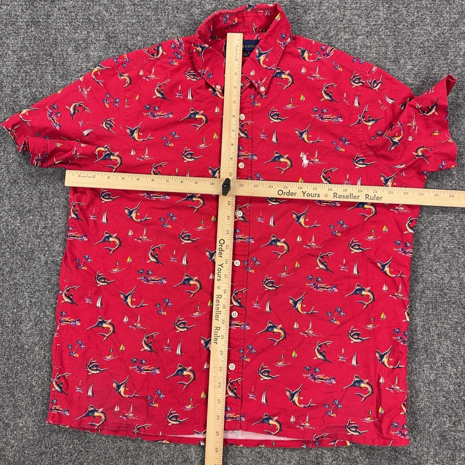 Ralph Lauren Shirt Mens XL Red Nautical Marlin Print Short Sleeve Button Front