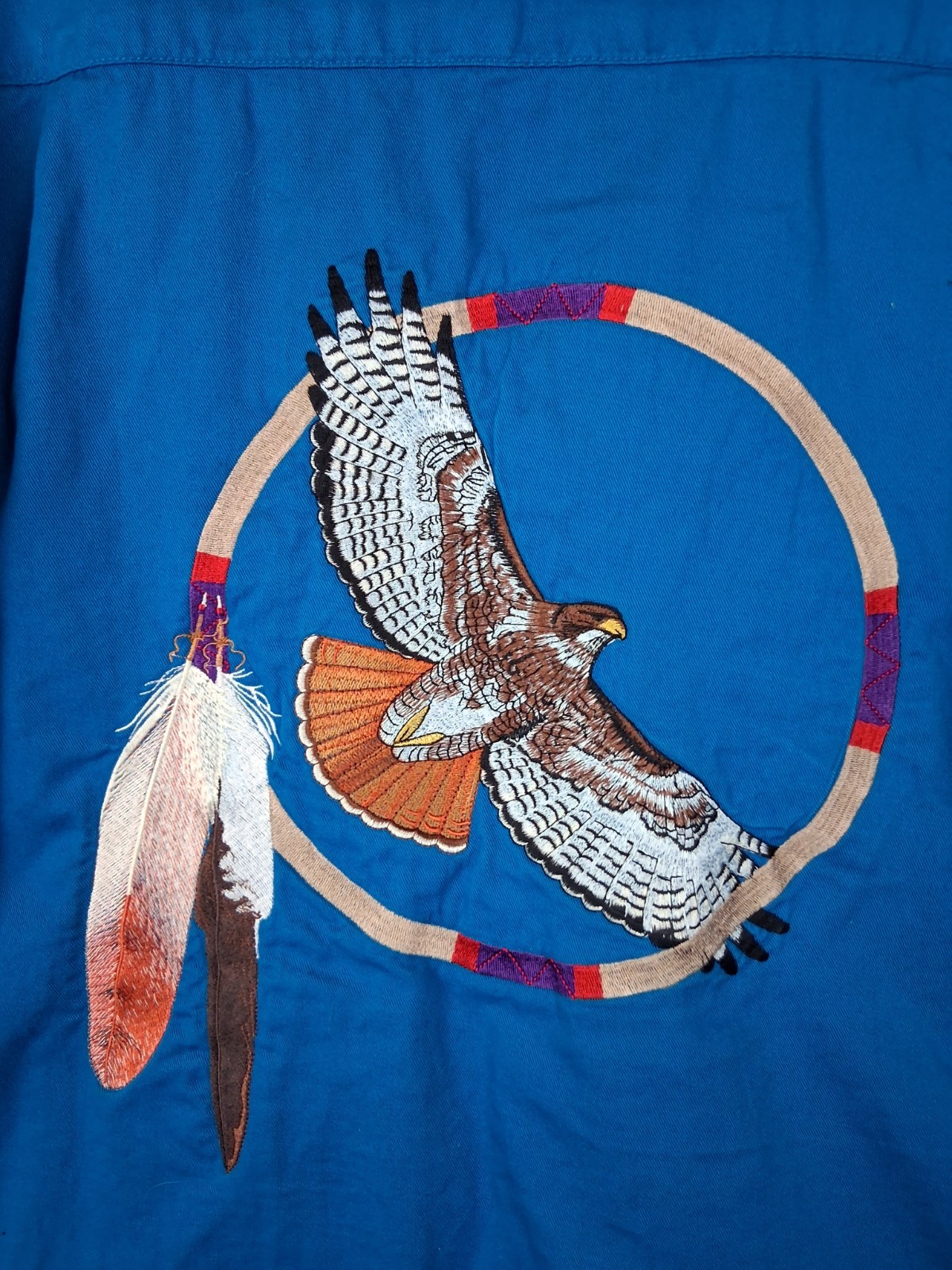 Blue Generation Mens Shirt M Blue Native American Feathers Eagle Embroidered