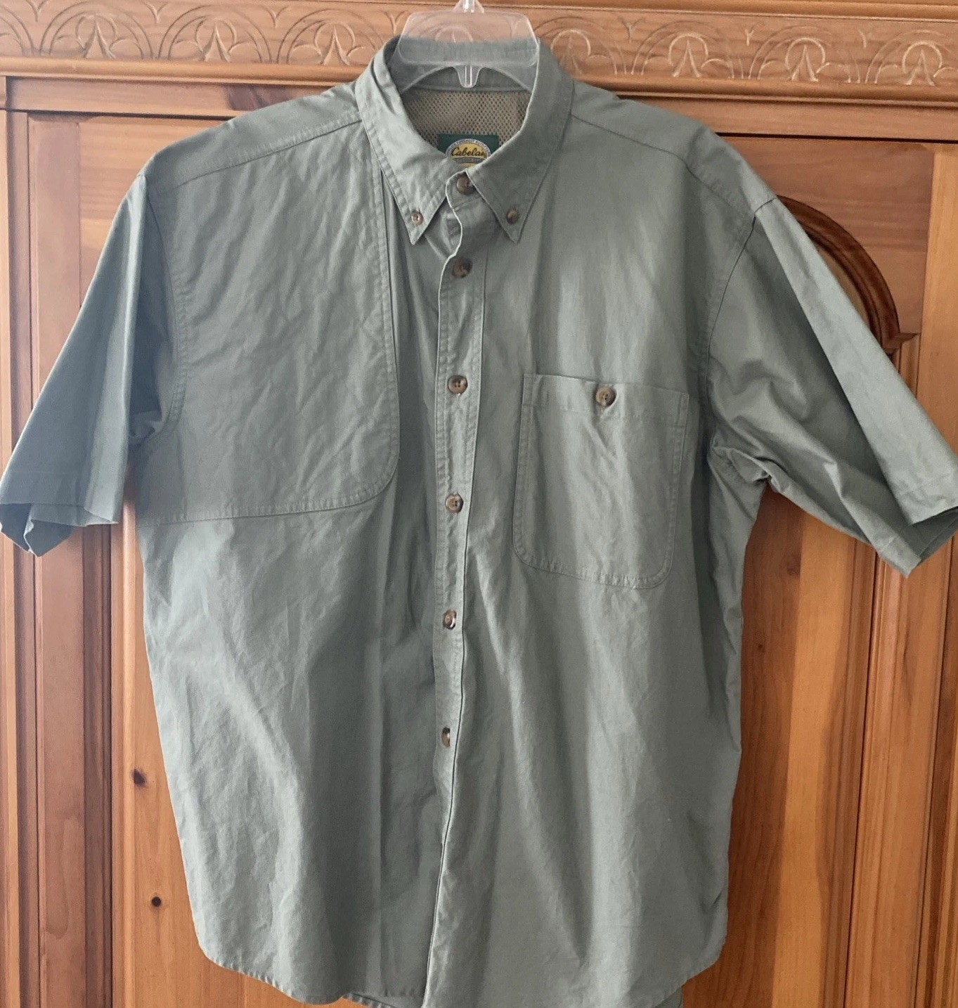 Cabela’s Shirt Mens Large Sage Green Vented Back Shooting Short Sleeve Fishing