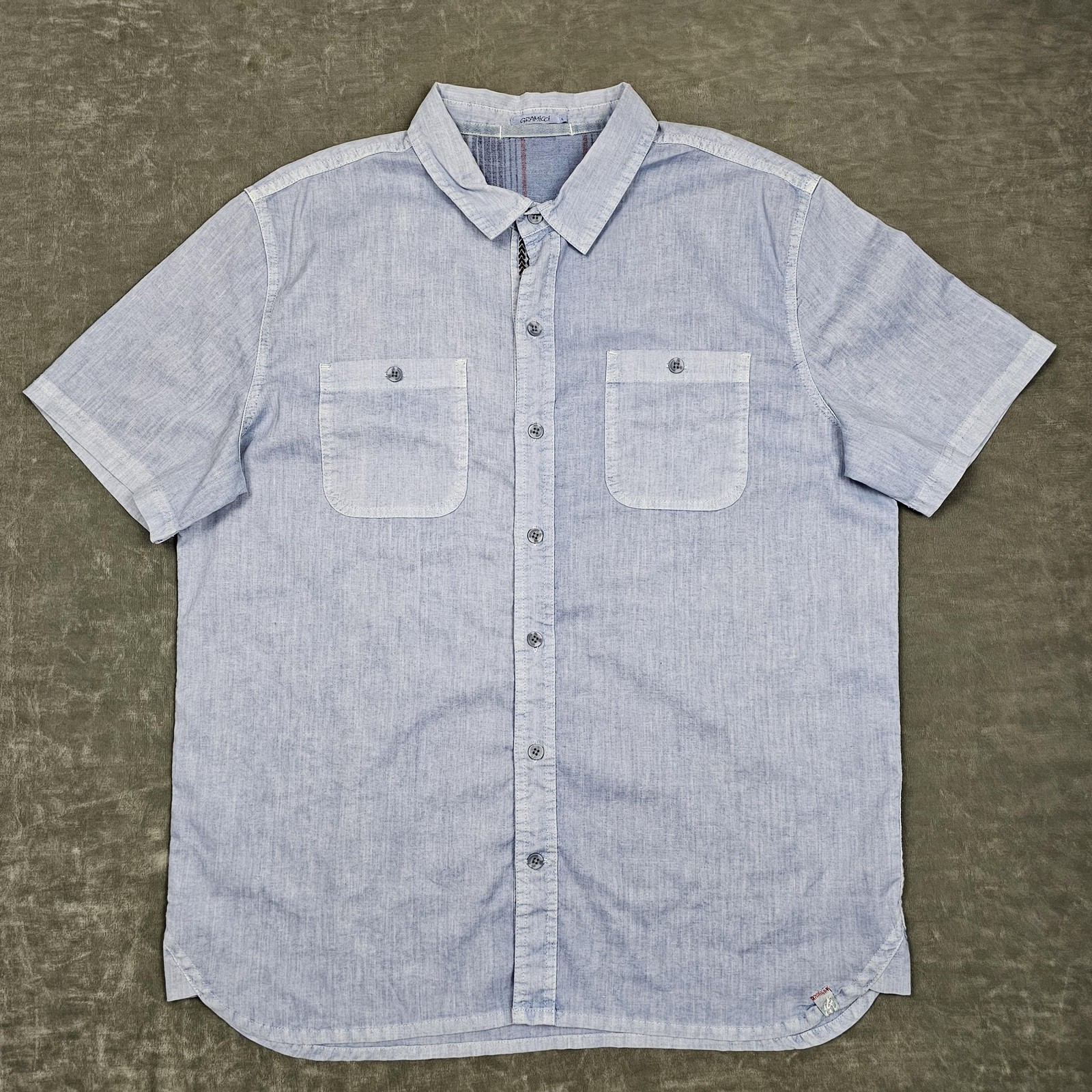 Gramicci Shirt Mens Large Blue Chambray Short Sleeve Button Front Hemp Blend