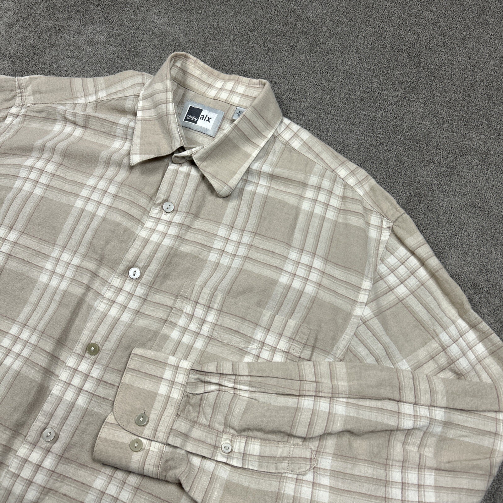 Vintage A|X Armani Exchange Shirt Mens Medium Linen Blend Button Up Beige Y2K