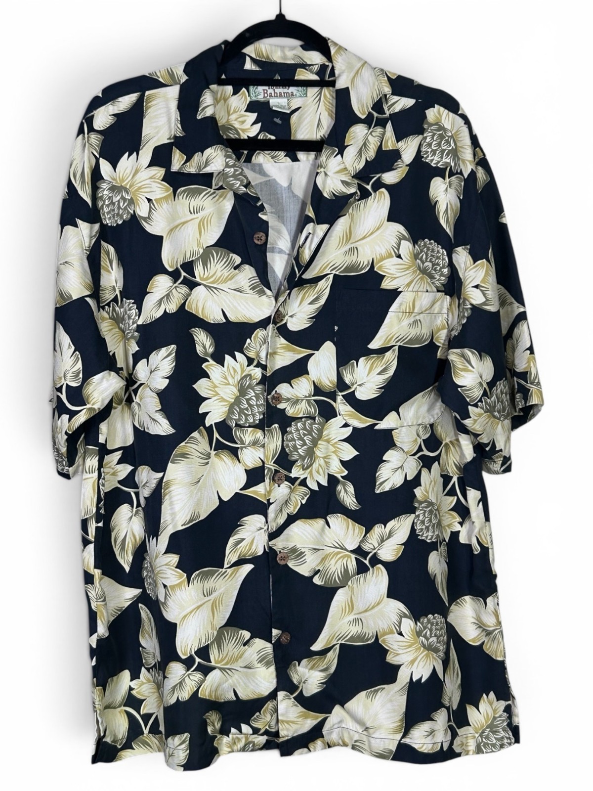 VTG TOMMY BAHAMA Button Down Shirt Sz L Beige Black Tropical Floral Print Silk