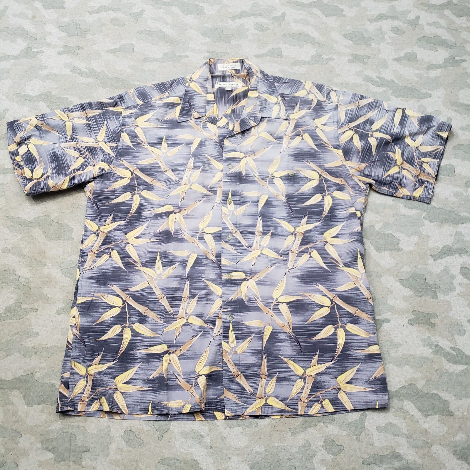 Vintage Mario Ferrari Shirt Mens Medium Blue Short Sleeve Button Bamboo Pring