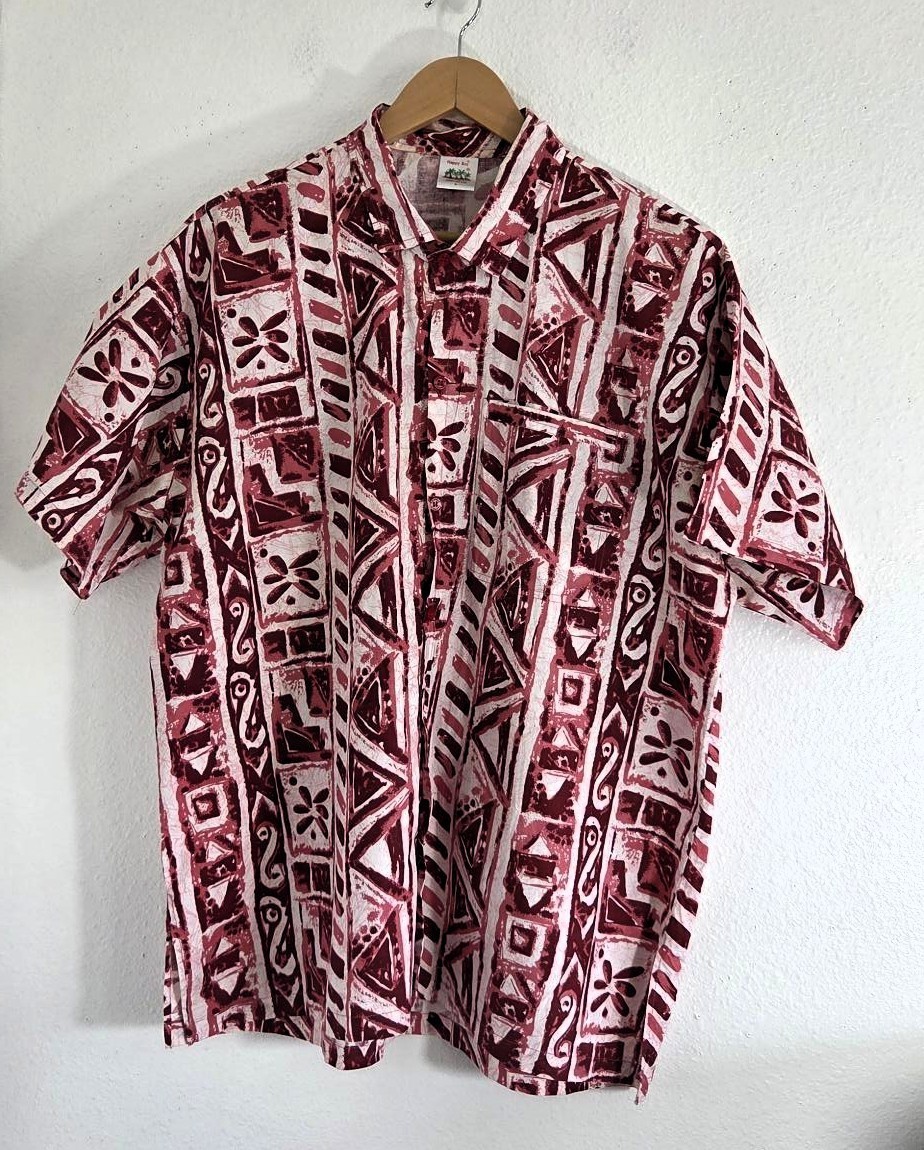 Happy Bay Mens LG Red Floral Short Sleeve Hawaiian Shirt Vacation Summer Camping