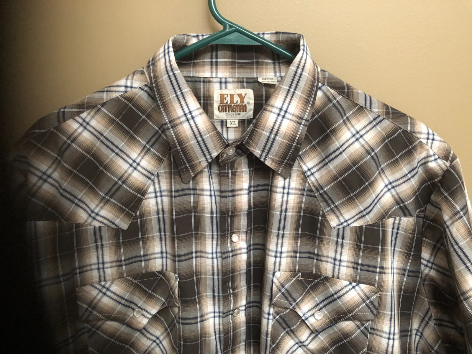Ely Cattleman Western Shirt Mens XL Brown Plaid ShortSleeve Pearl Snap Rodeo VTG