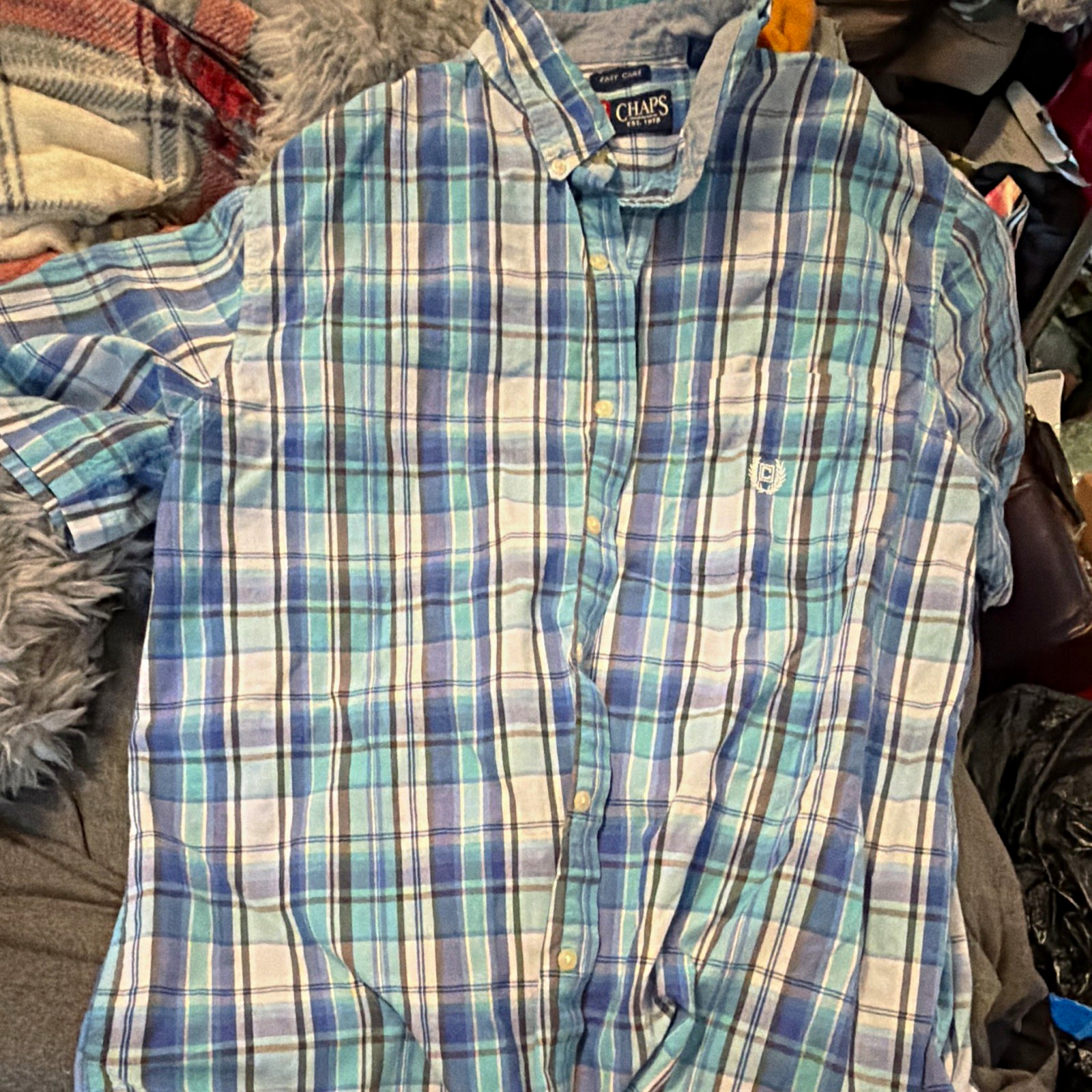 Chaps Easy Care Plaid Short Sleeve Button-Down Shirt L Blue Green White