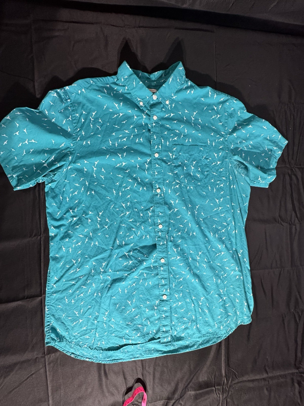 Old Navy Men’s Classic Fit Short Sleeve Button-Up Teal White Bird Print XXL