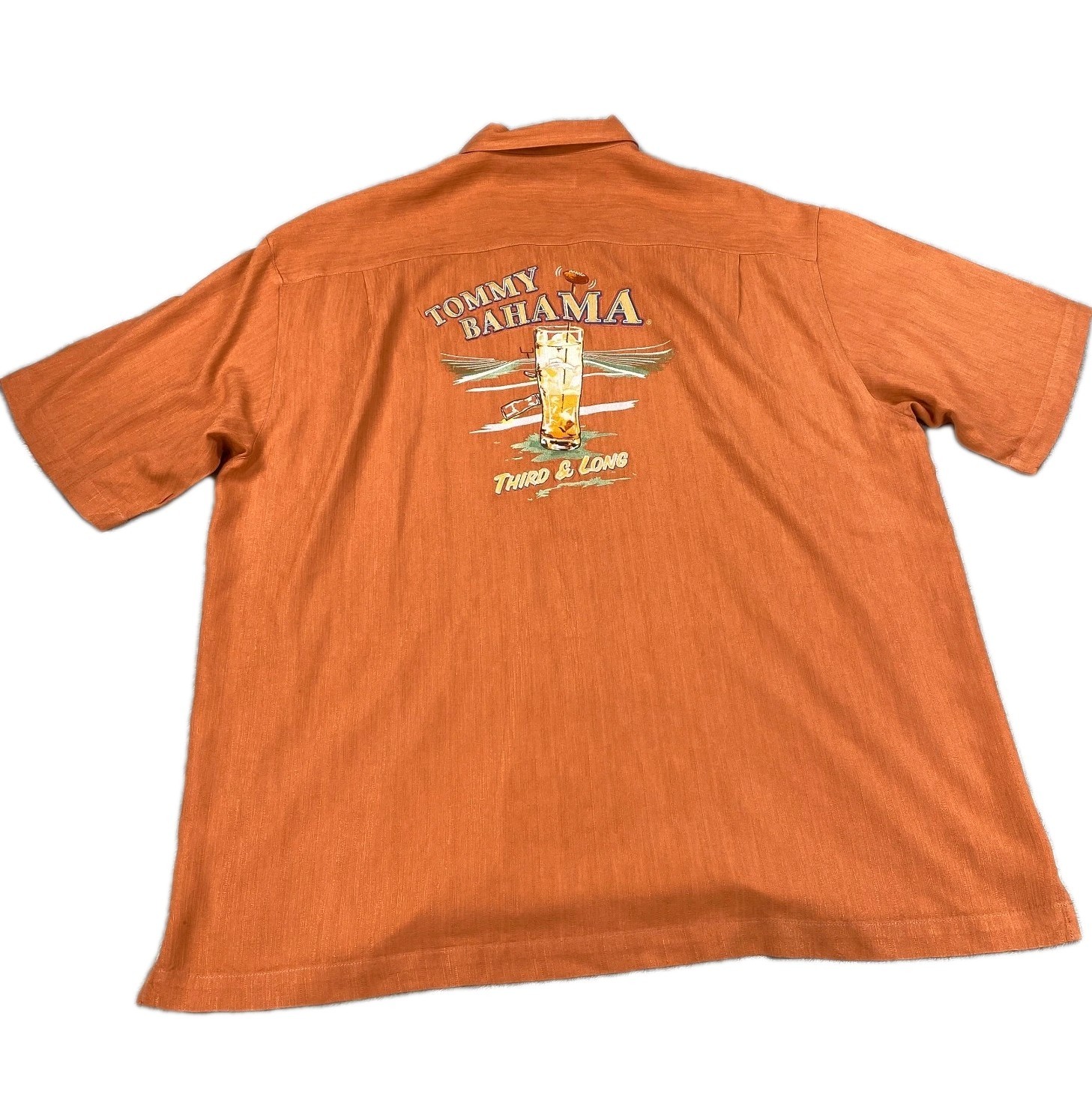 Tommy Bahama Camp Shirt Men XL Orange Silk Side Slit Hawaiian Tropical Football