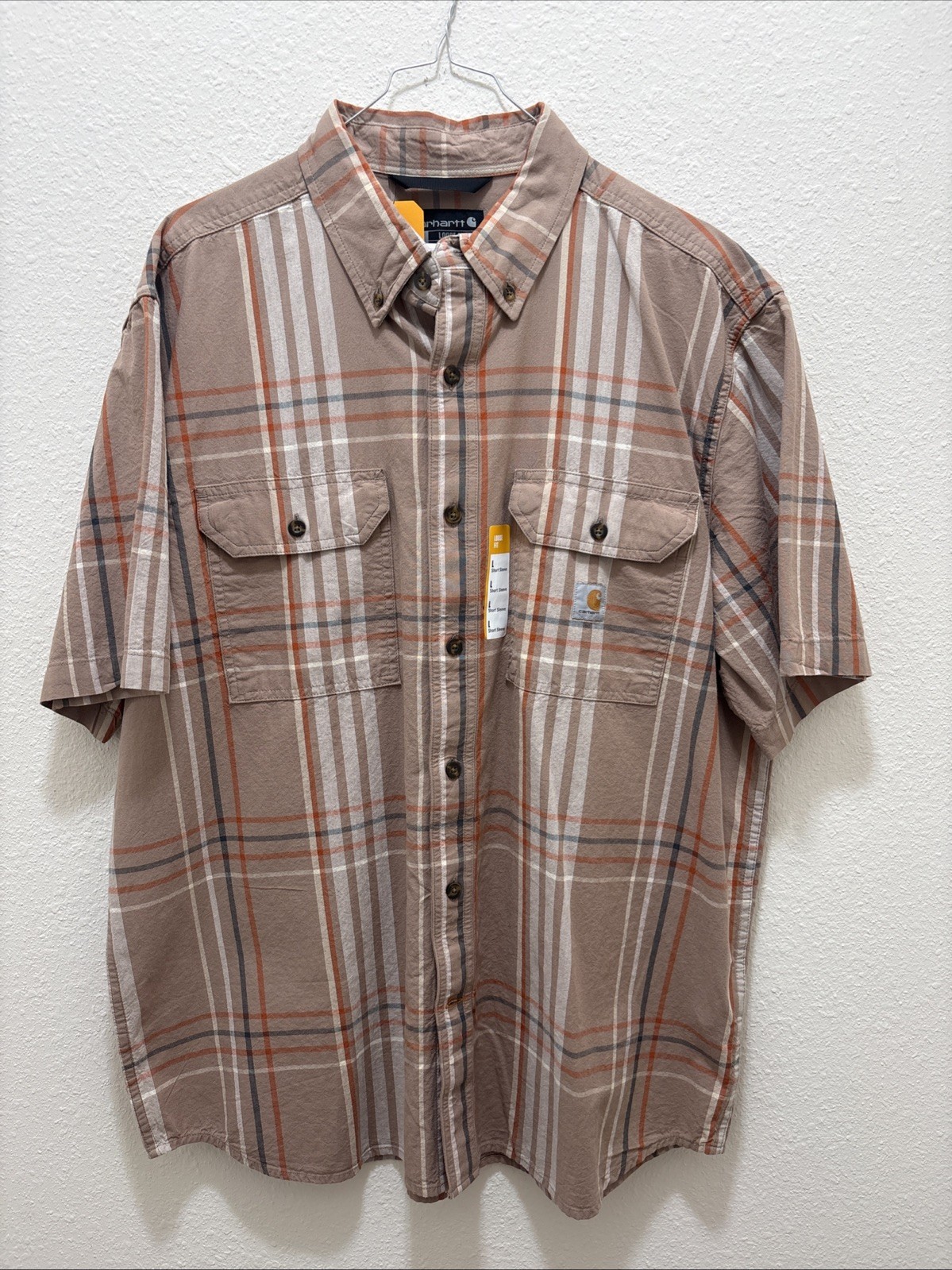 Carhartt Men’s Shirt Button-Up, Relaxed Fit, Short Sleeve, Tan Plaid Large NWT
