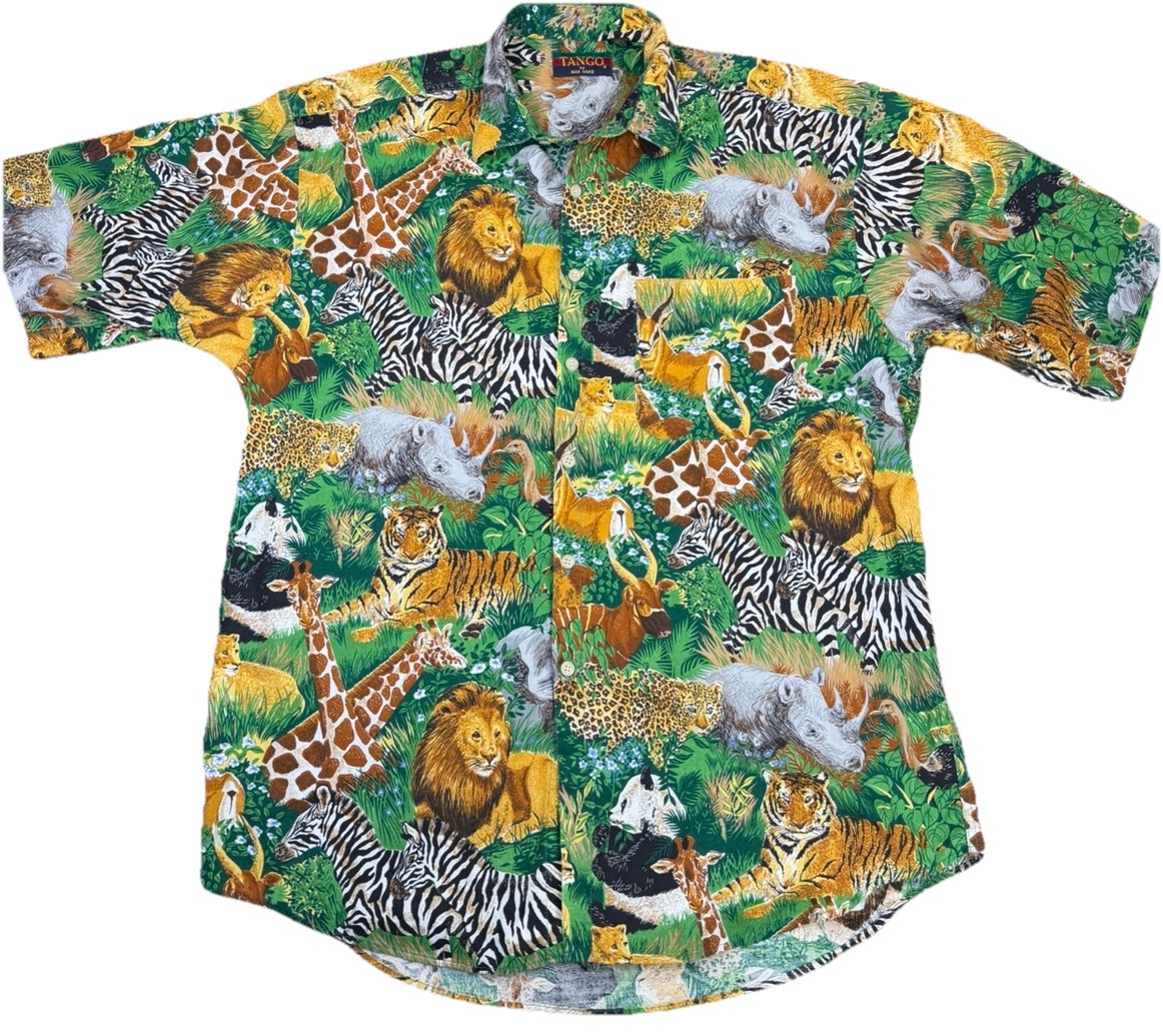 Vintage Tango Button Up Shirt Safari Animals Short Sleeve All Over Print Large