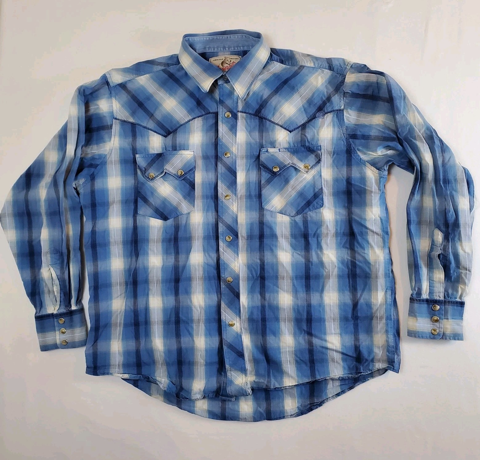 Wrangler Blue White Plaid American Cowboys Choose Large Pearlsnap Western Shirt