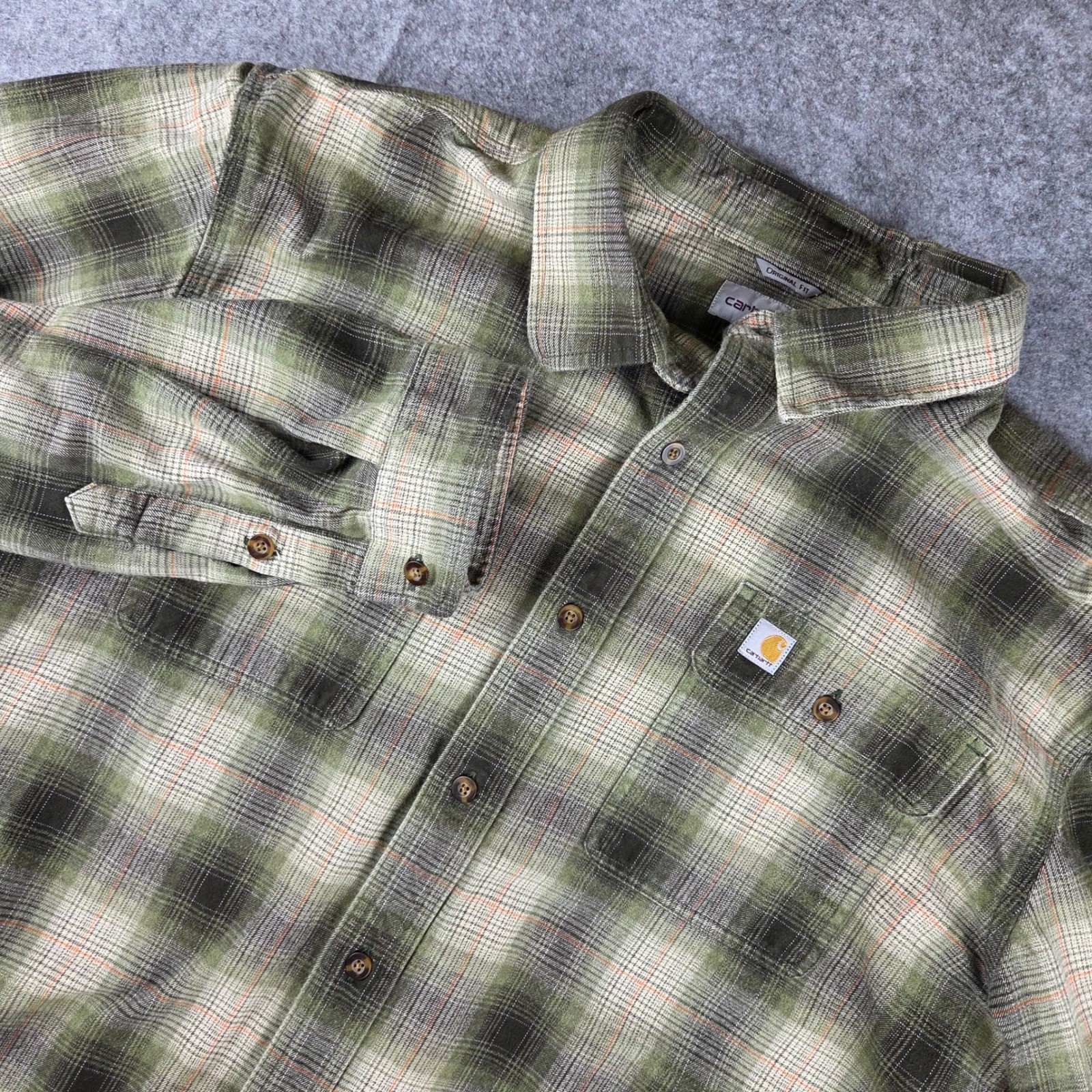 Carhartt Mens XL Original Fit Plaid Flannel Shirt Green Brown Long Sleeve 104451