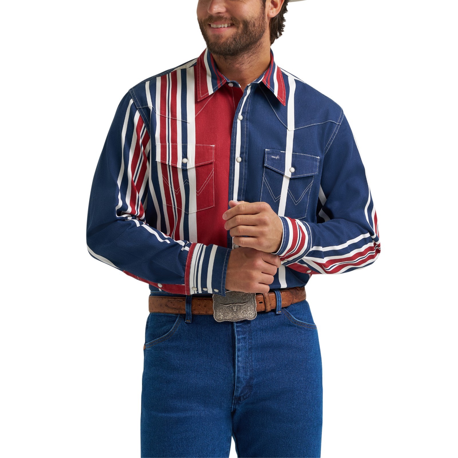 Wrangler Men’s Vintage Inspired Blue Multi Stripe Snap Shirt 112375916