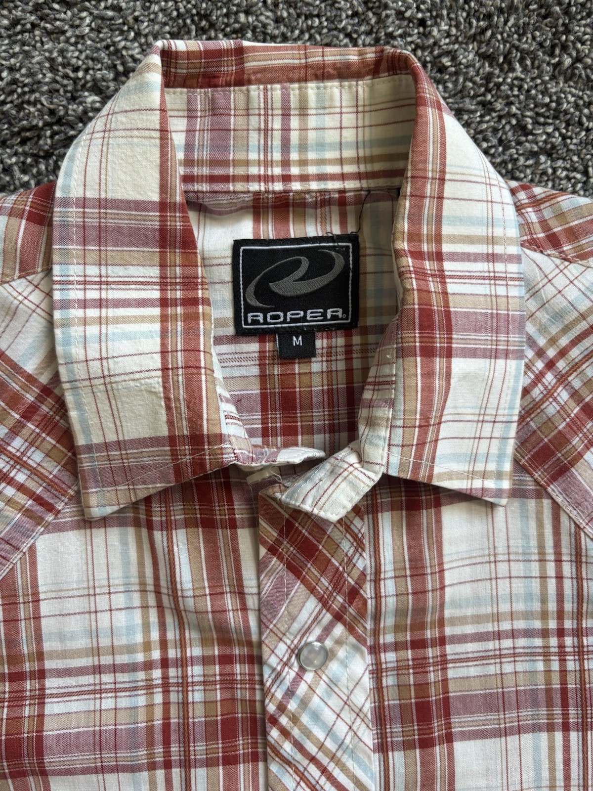 Roper Size Med Men’s Short Sleeve Pearl Snap Western Shirt Red White Gray Plaid