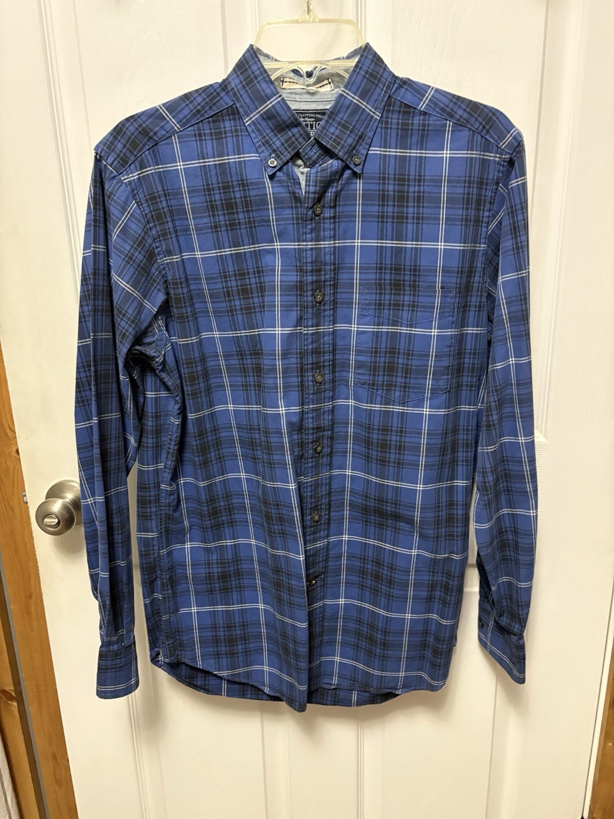 Nautica Mens Small Blue Black Plaid Long Sleeve Button Down Cotton Shirt Pocket