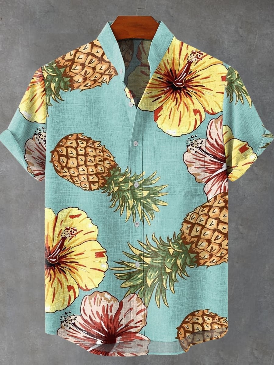 Men’s Hawaiian Beach Shirt Tropical Floral Summer Linen Look Casual Button Down
