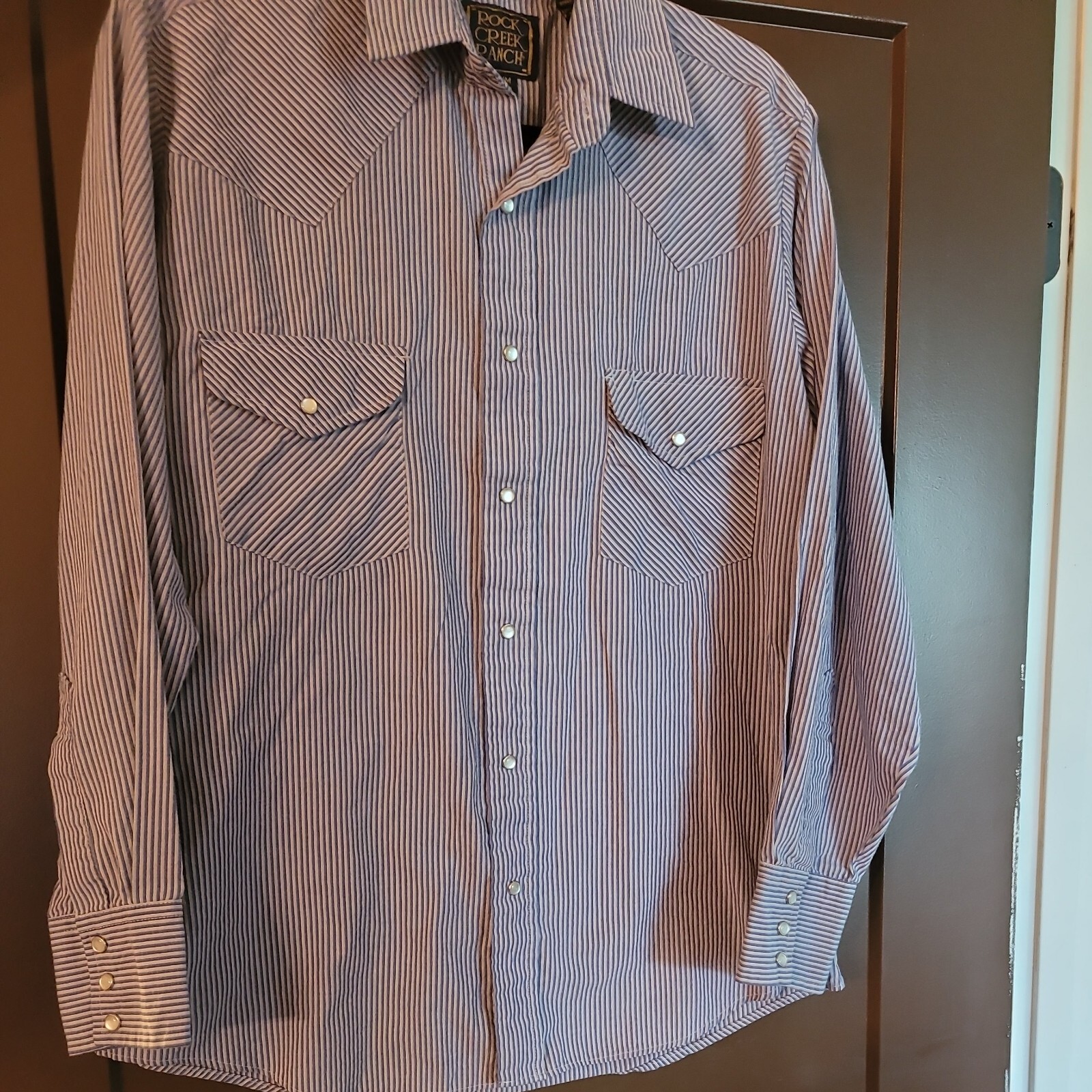 Vintage Rock Creek Ranch Western Shirt Sz M Blue Stripe Pearlized Snaps