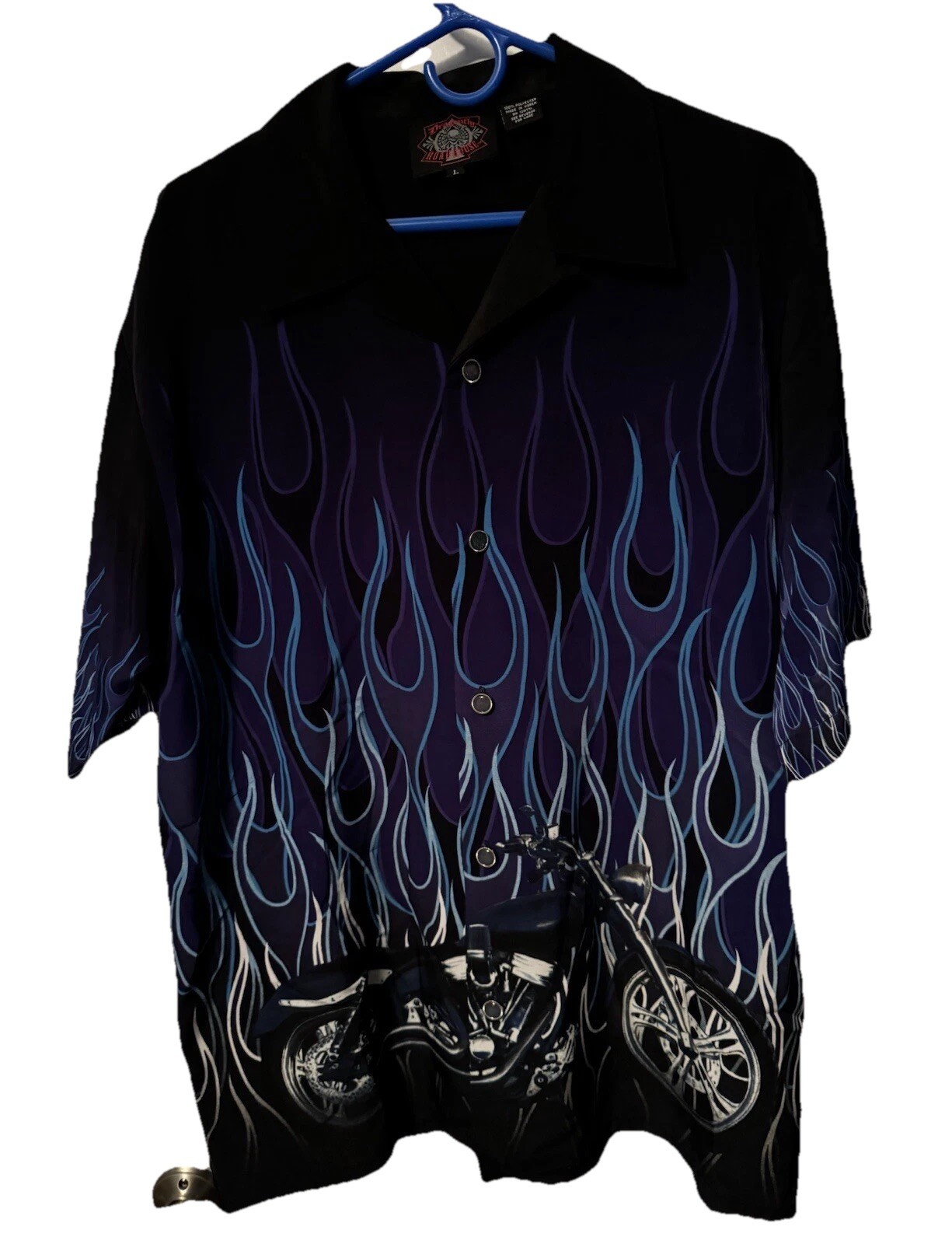 Dragonfly Shirt Mens Biker Motorcycle BLUE FLAMES Short Sleeve Button L Large